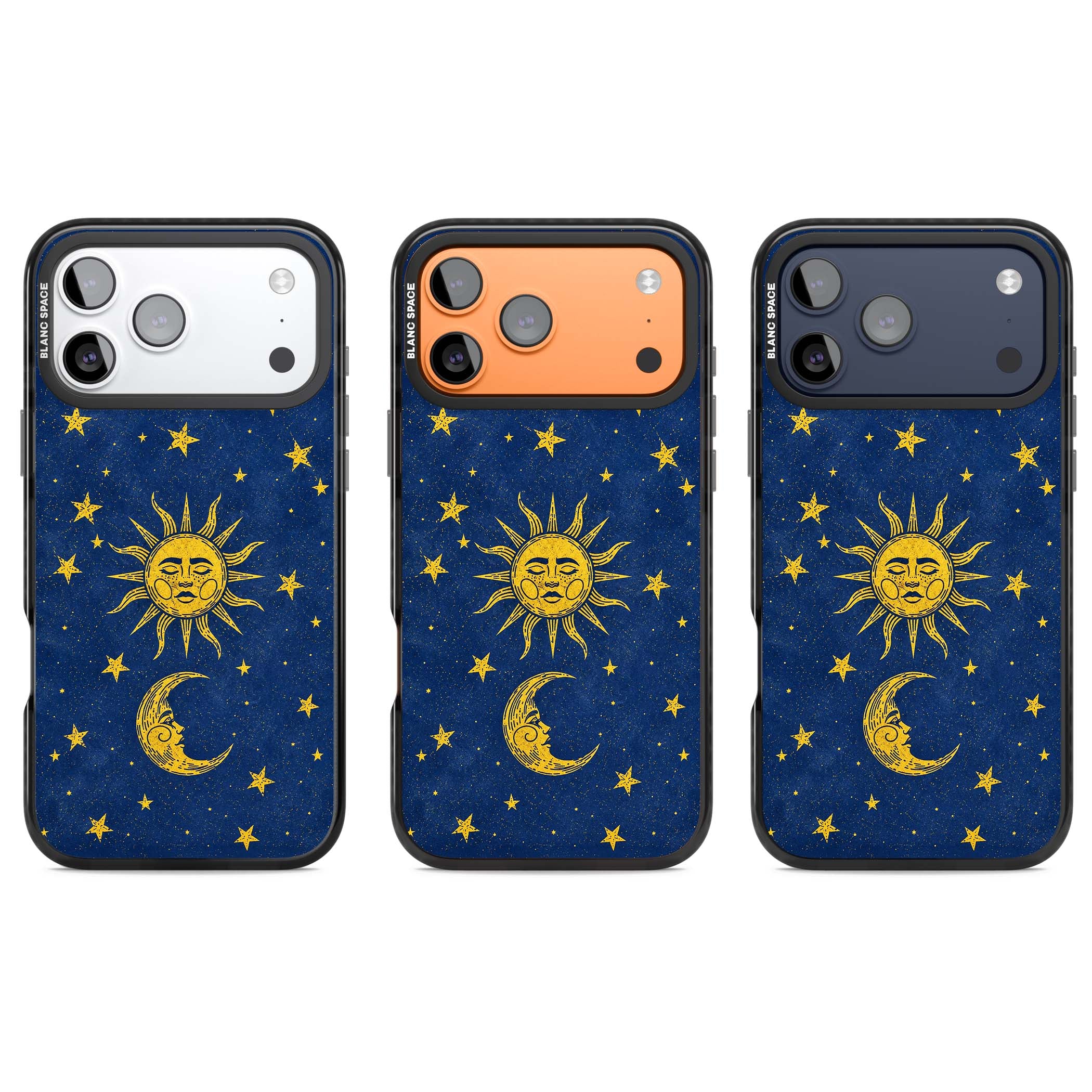 Sun & Moon Reverie celestial iPhone case featuring a vintage golden sun, crescent moon and scattered stars on midnight blue | Black Impact Magsafe case for iPhone 17 Pro, iPhone 17 Pro Max