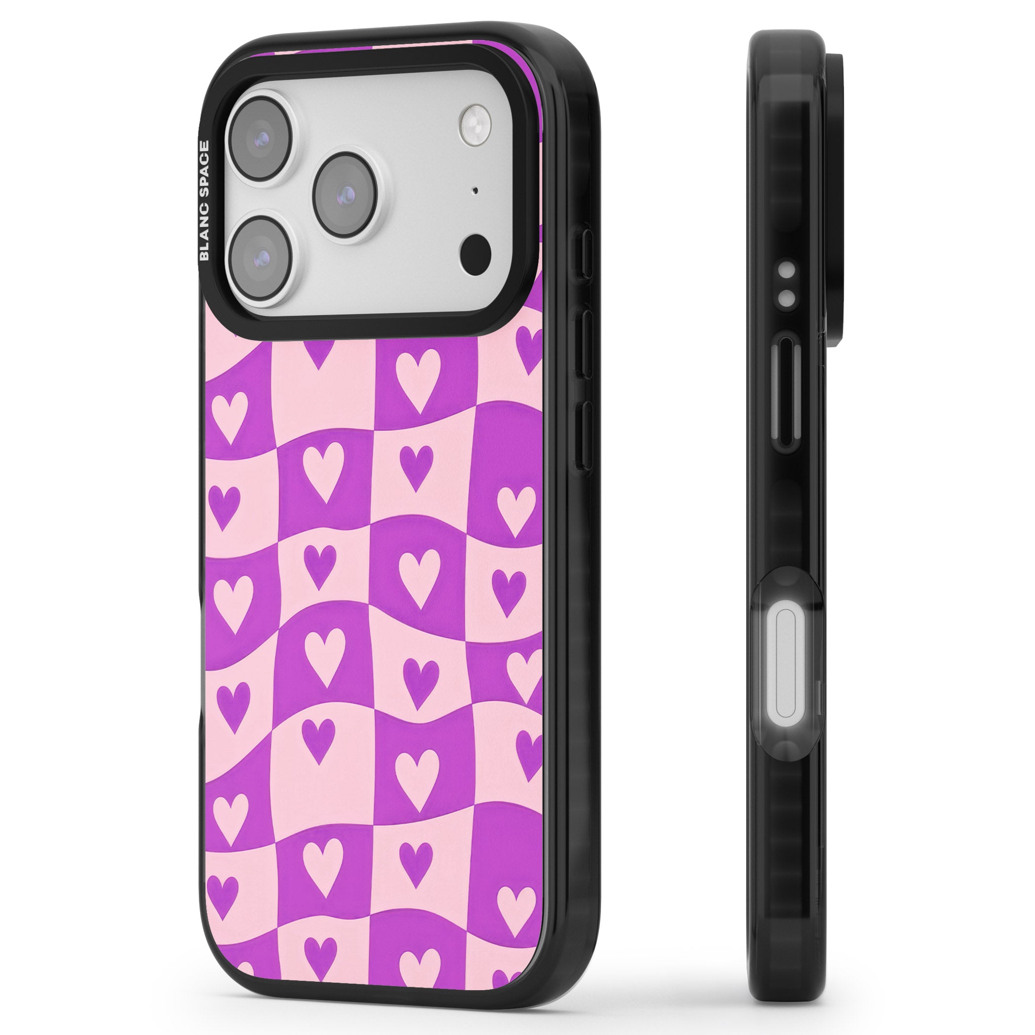 Purple Wavy Checked Hearts iPhone 17 Pro Impact Pro Black Phone Case Side Profile
