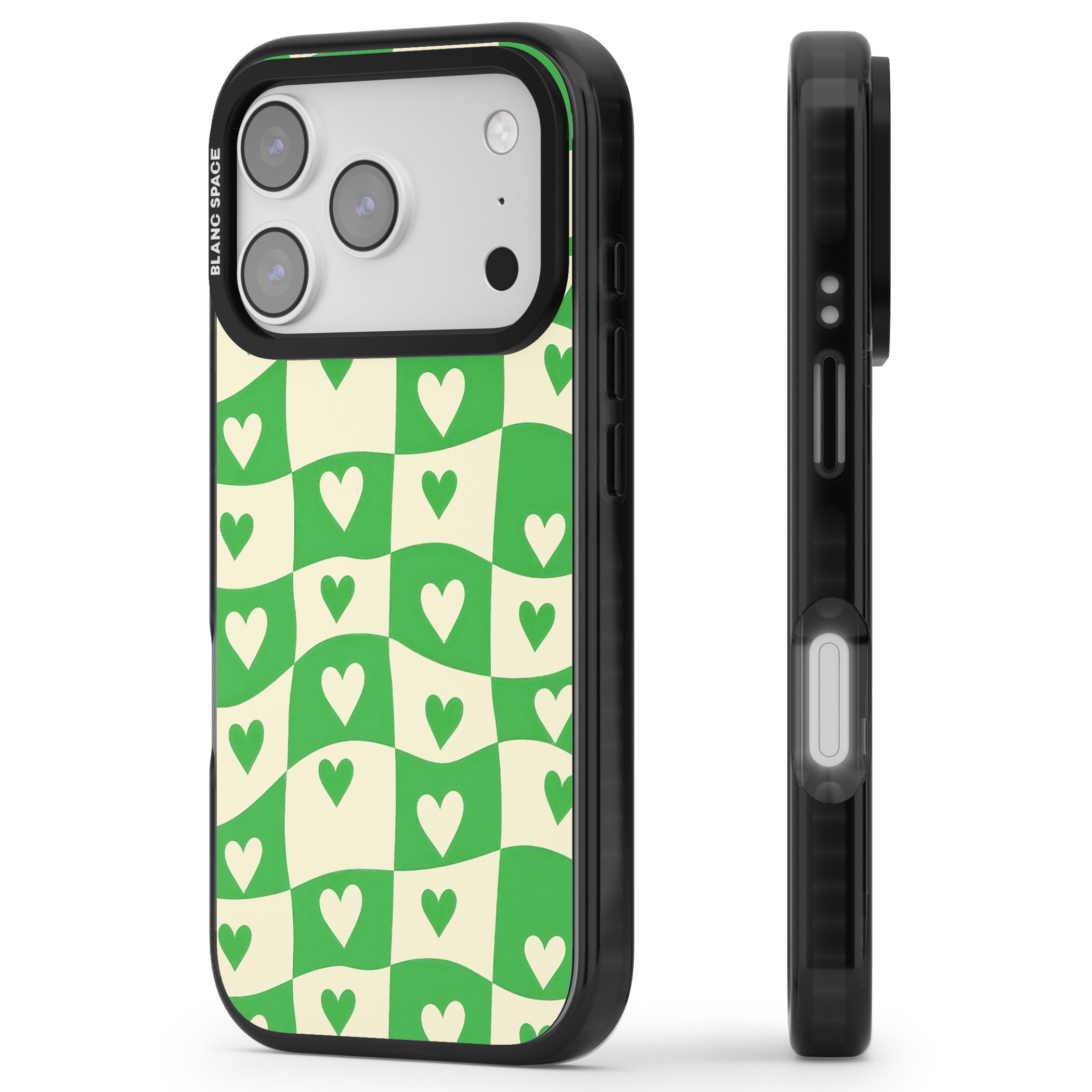 Green Wavy Checked Hearts iPhone 17 Pro Impact Pro Black Phone Case Side Profile