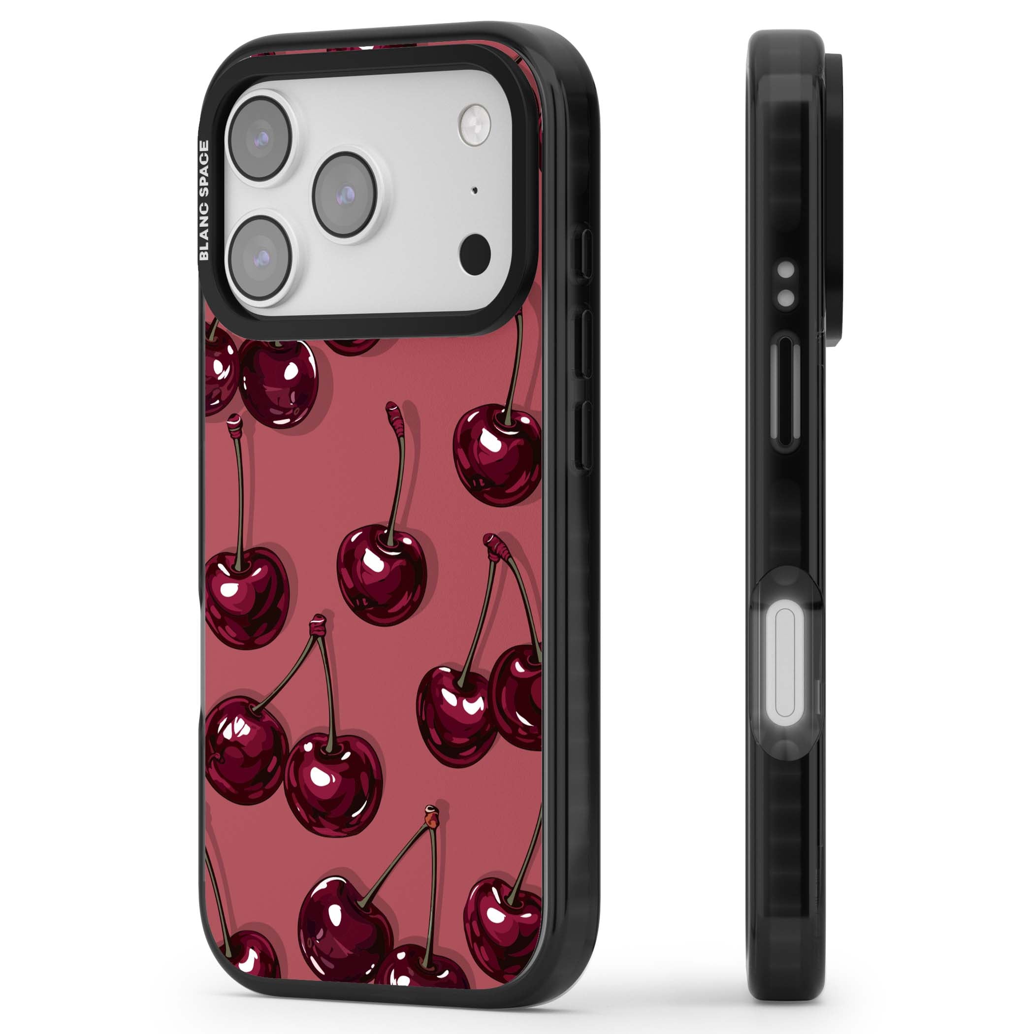 Cherry Rebel coquette iPhone case featuring glossy burgundy cherries on a dusty rose background | Black Impact Magsafe case for iPhone 17 Pro, iPhone 17 Pro Max