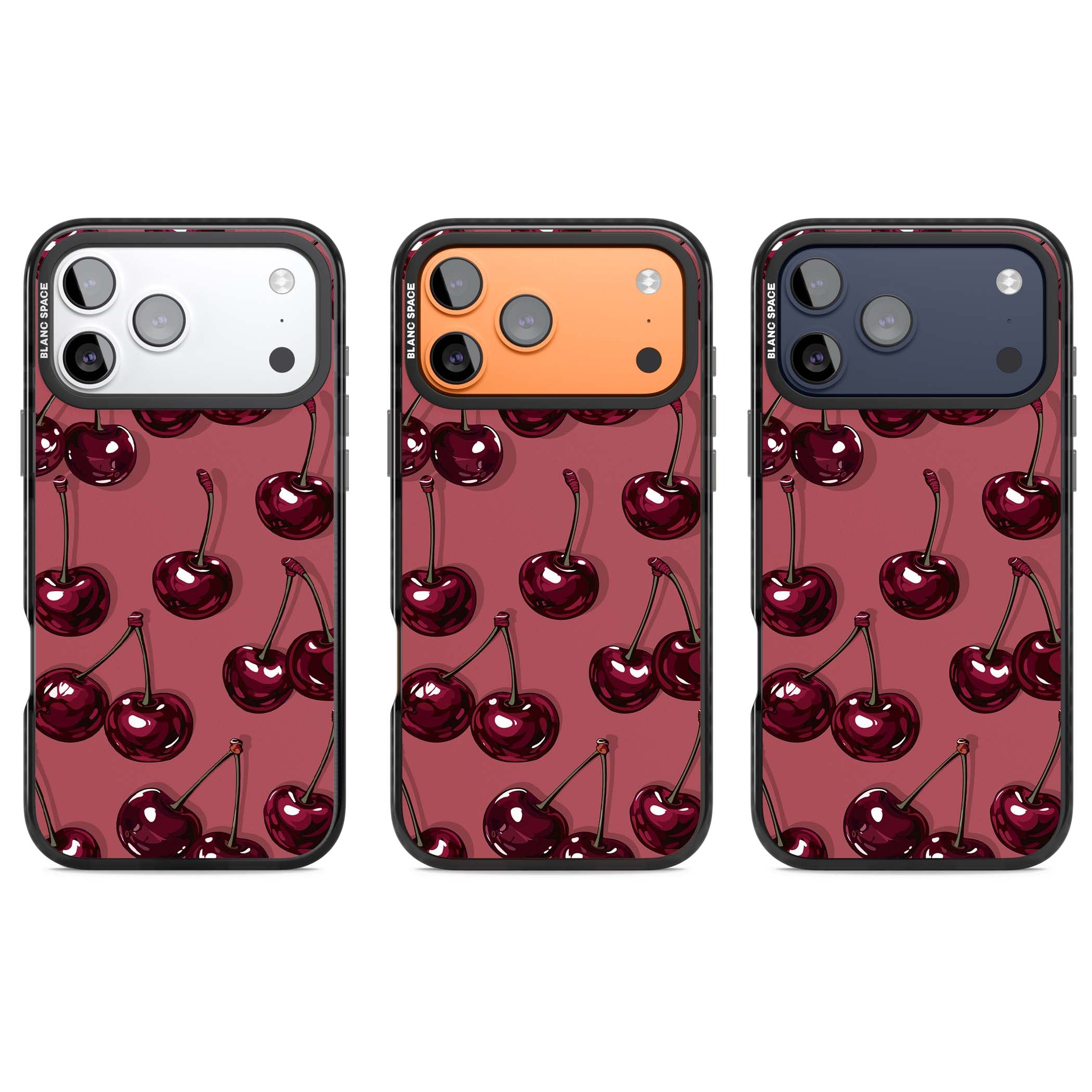 Cherry Rebel coquette iPhone case featuring glossy burgundy cherries on a dusty rose background | Black Impact Magsafe case for iPhone 17 Pro, iPhone 17 Pro Max