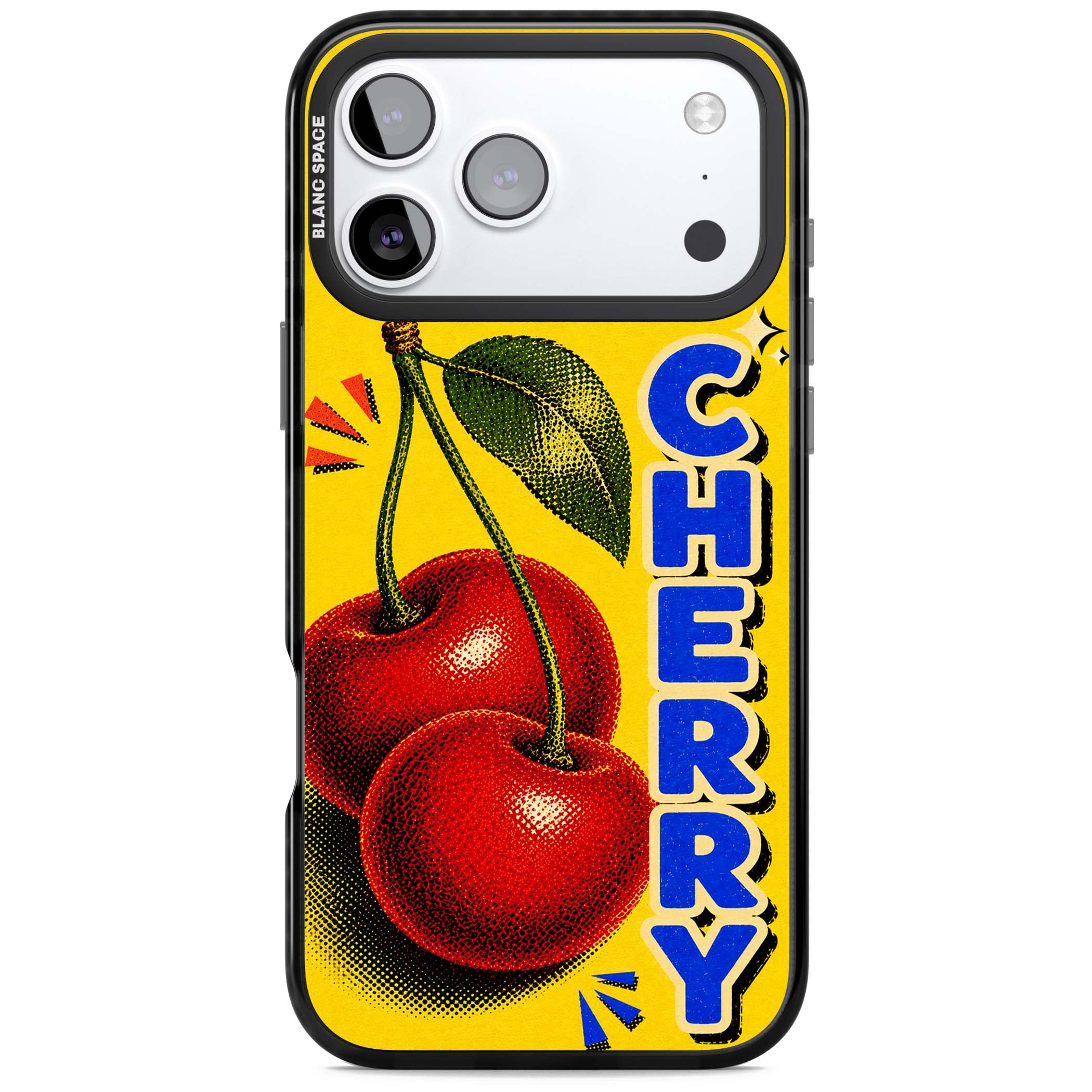 Cherry Yellow y2k iPhone case featuring two red cherries, halftone shading and bold blue CHERRY lettering on yellow | Black Impact Magsafe case for iPhone 17 Pro, iPhone 17 Pro Max