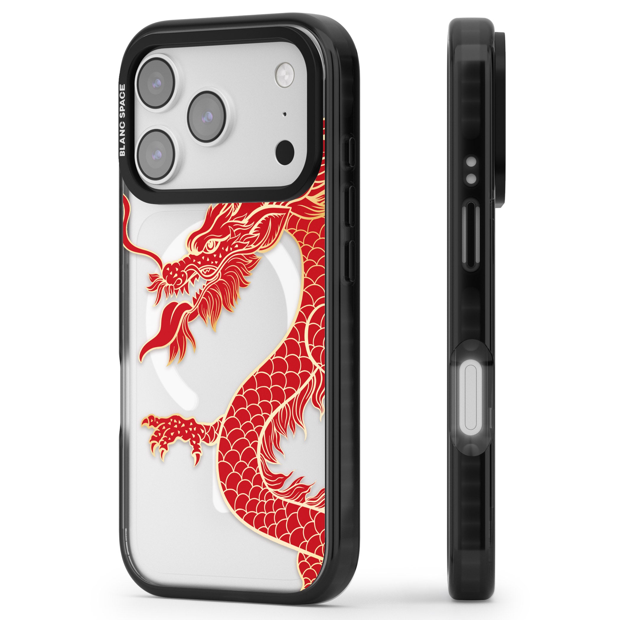 Large Red Dragon iPhone 17 Pro Impact Pro Black Phone Case Side Profile