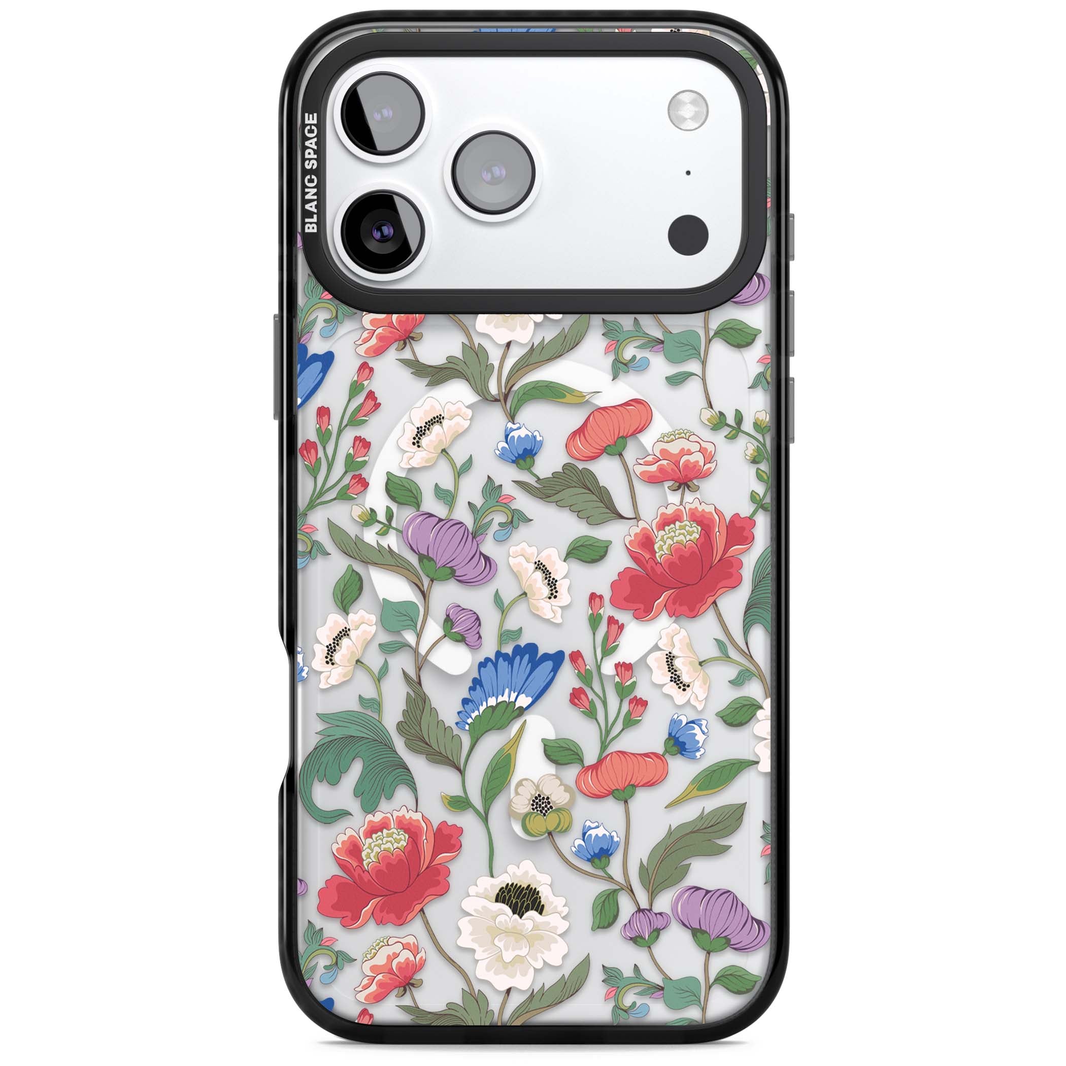 Chinoiserie Bloom vintage floral iPhone case featuring hand-painted peonies, poppies and trailing wildflowers on clear... | Black Impact Magsafe case for iPhone 17 Pro, iPhone 17 Pro Max