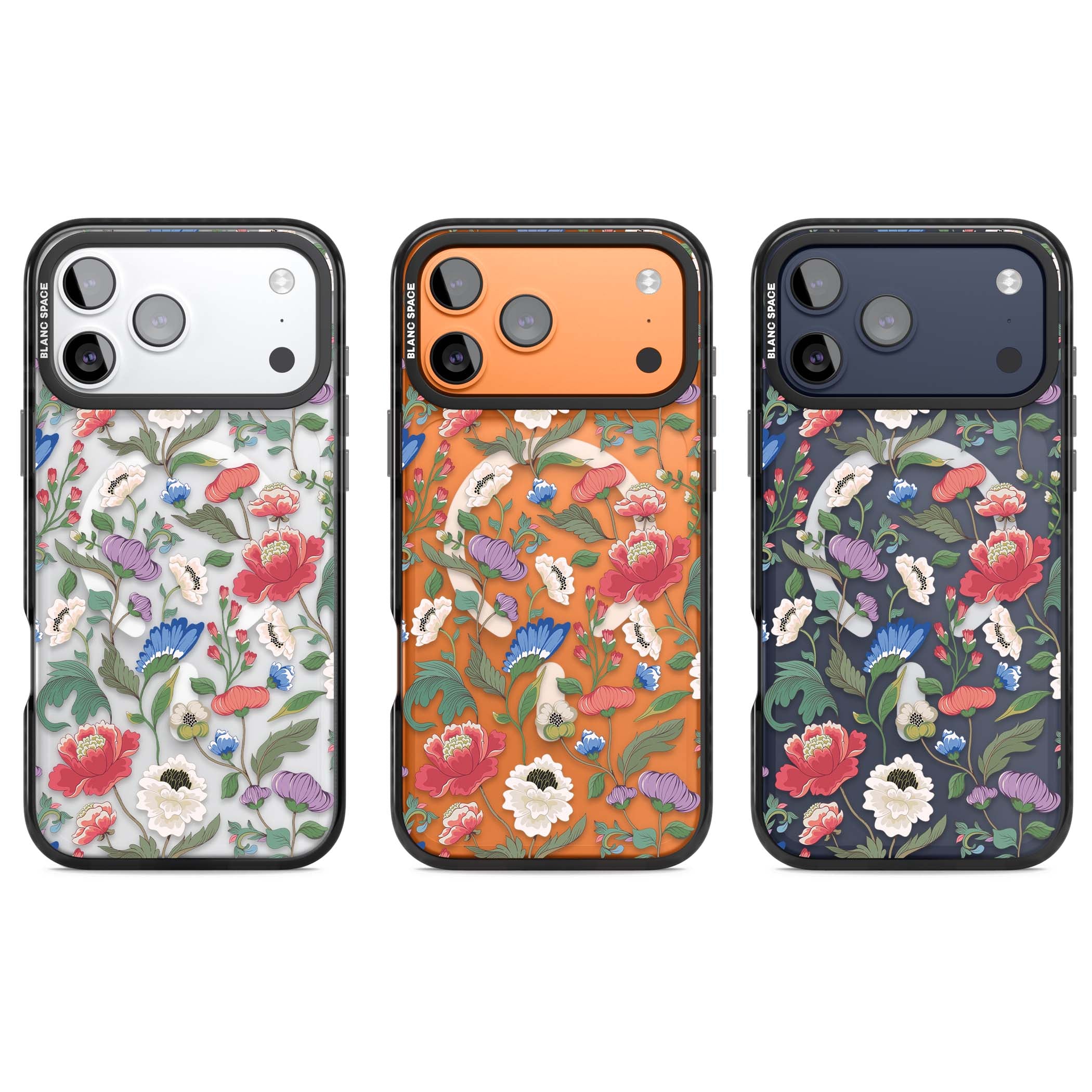 Chinoiserie Bloom vintage floral iPhone case featuring hand-painted peonies, poppies and trailing wildflowers on clear... | Black Impact Magsafe case for iPhone 17 Pro, iPhone 17 Pro Max