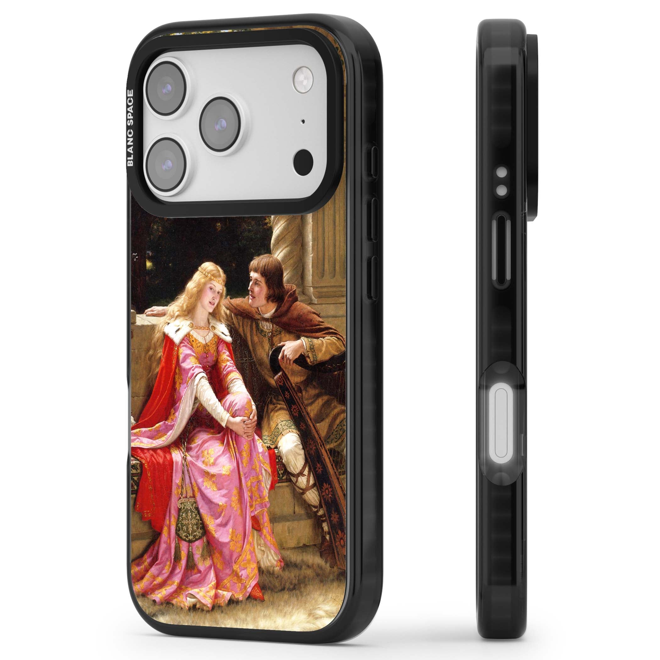 The End of the Song classic art iPhone case featuring a medieval lady in pink gown and her knight in a stone archway | Black Impact Magsafe case for iPhone 17 Pro, iPhone 17 Pro Max