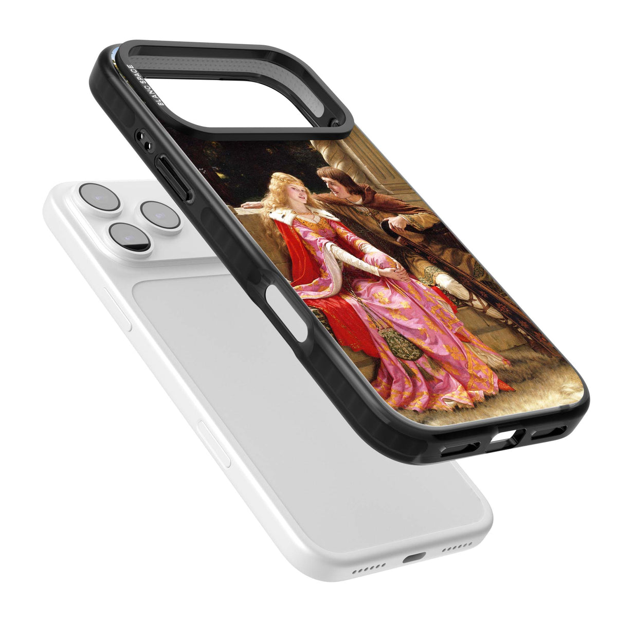 The End of the Song classic art iPhone case featuring a medieval lady in pink gown and her knight in a stone archway | Black Impact Magsafe case for iPhone 17 Pro, iPhone 17 Pro Max