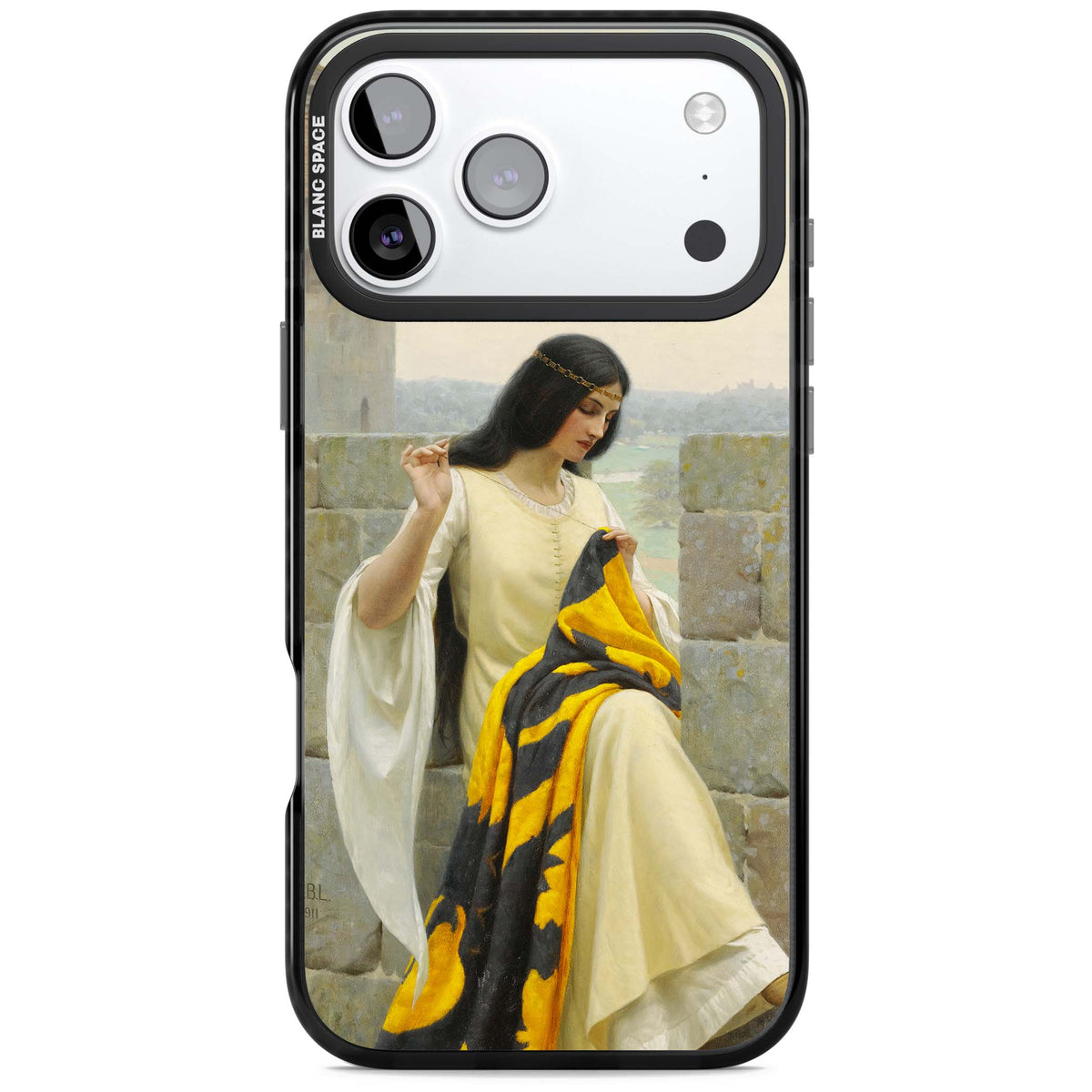 Stitching the Standard renaissance art iPhone case featuring a medieval lady sewing a golden banner on a castle wall | Black Impact Magsafe case for iPhone 17 Pro, iPhone 17 Pro Max