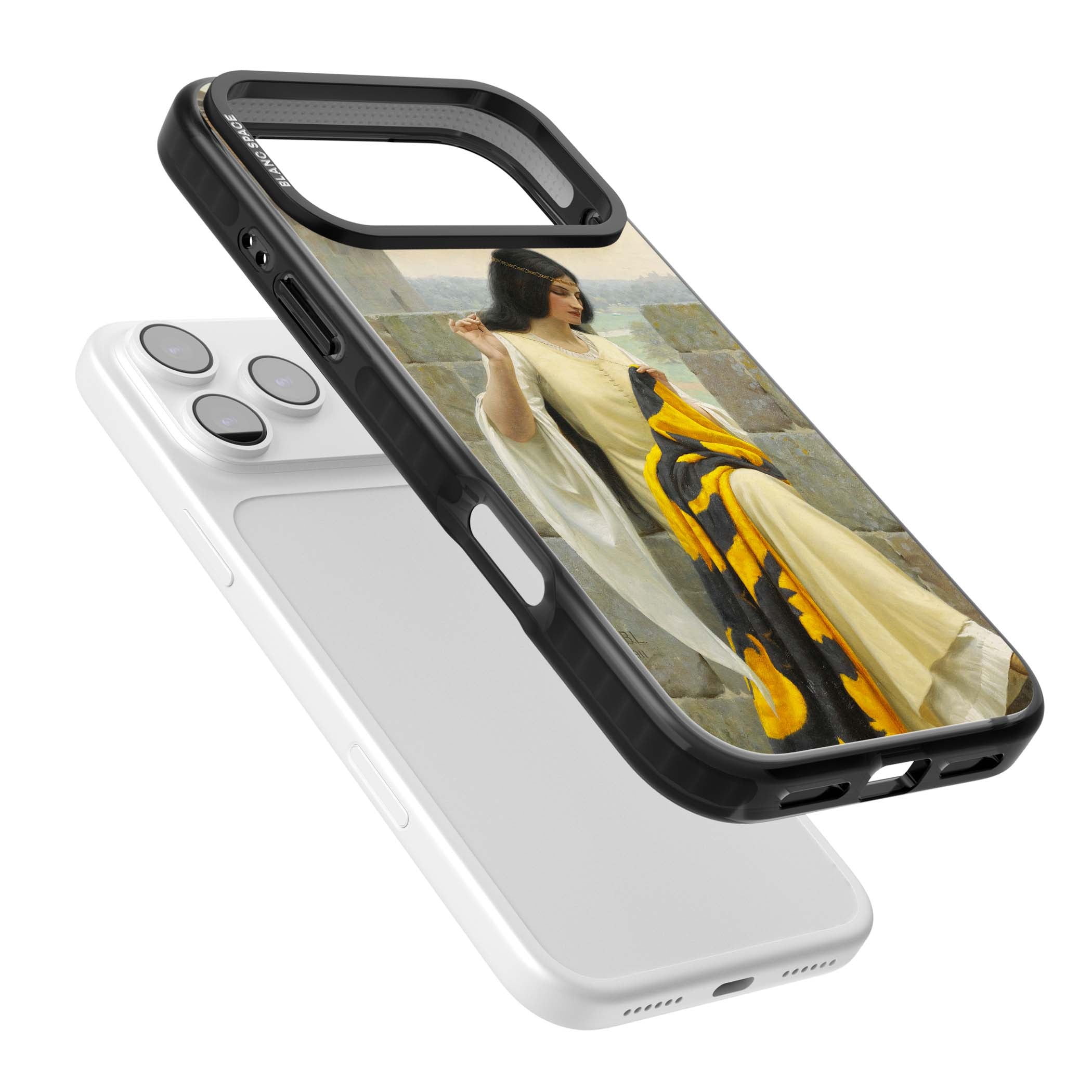 Stitching the Standard renaissance art iPhone case featuring a medieval lady sewing a golden banner on a castle wall | Black Impact Magsafe case for iPhone 17 Pro, iPhone 17 Pro Max