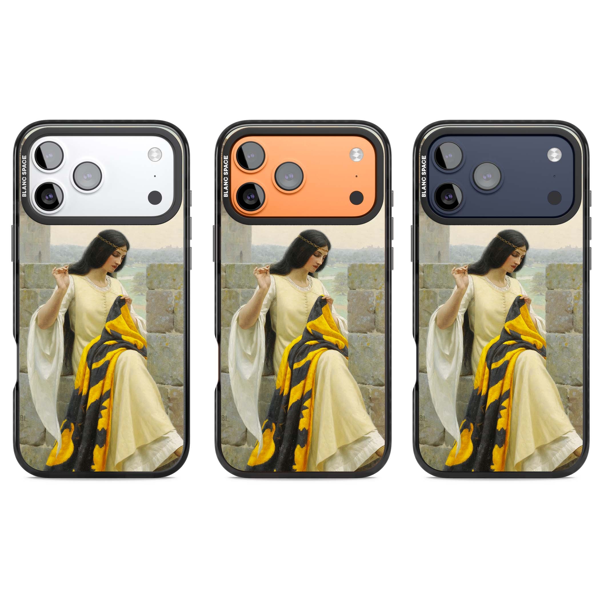Stitching the Standard renaissance art iPhone case featuring a medieval lady sewing a golden banner on a castle wall | Black Impact Magsafe case for iPhone 17 Pro, iPhone 17 Pro Max