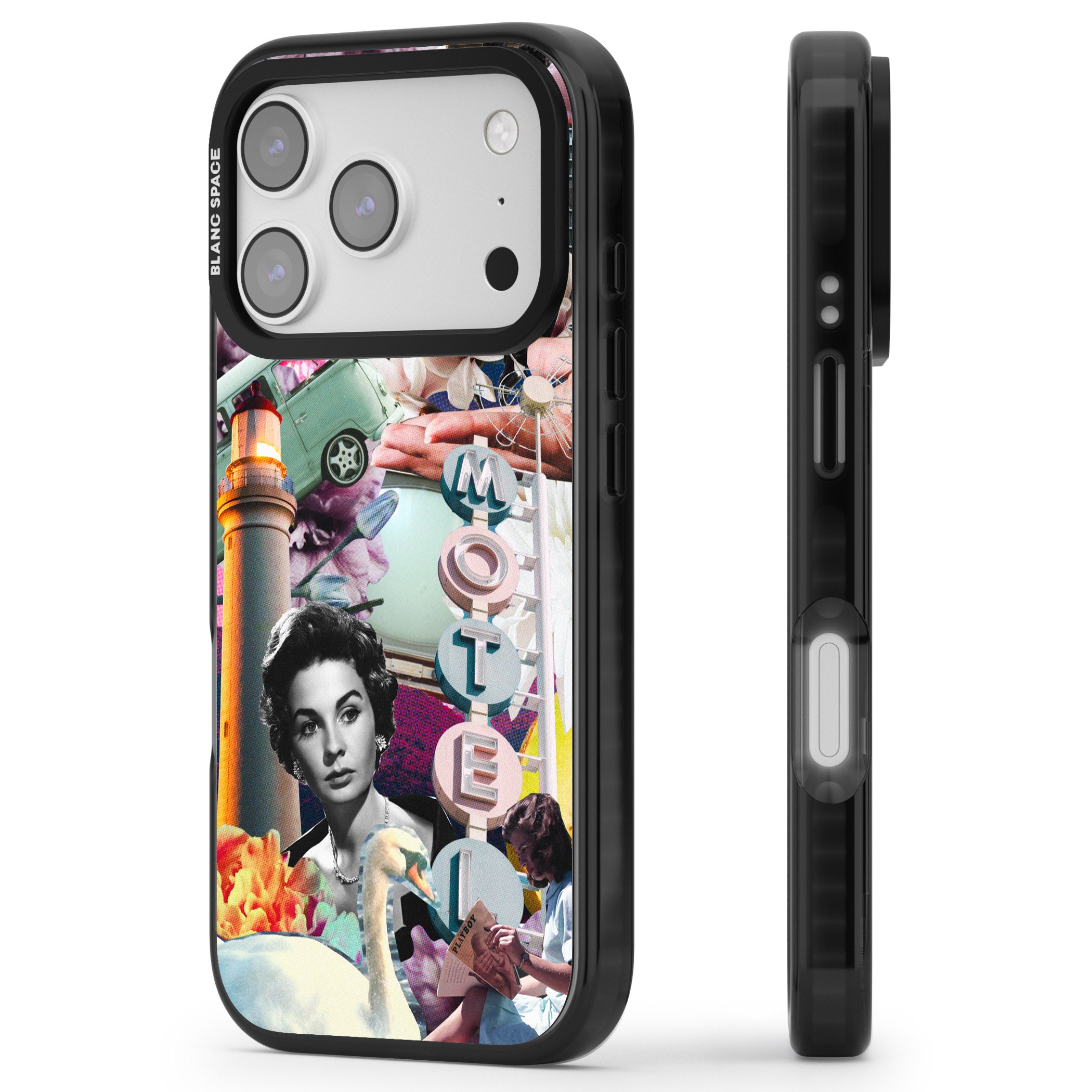 Retro Motel Collage iPhone 17 Pro Impact Pro Black Phone Case Side Profile