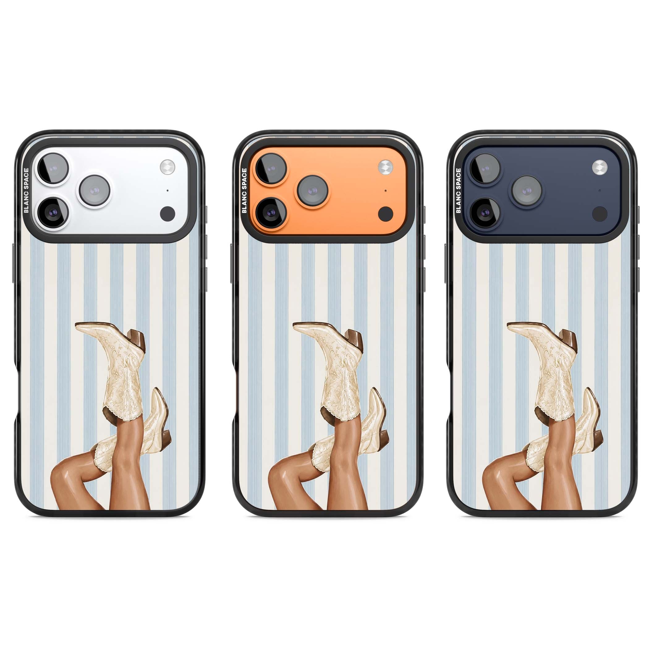 Cowgirl Boots coastal cowgirl iPhone case featuring embroidered western boots, tanned legs and a blue stripe backdrop | Black Impact Magsafe case for iPhone 17 Pro, iPhone 17 Pro Max