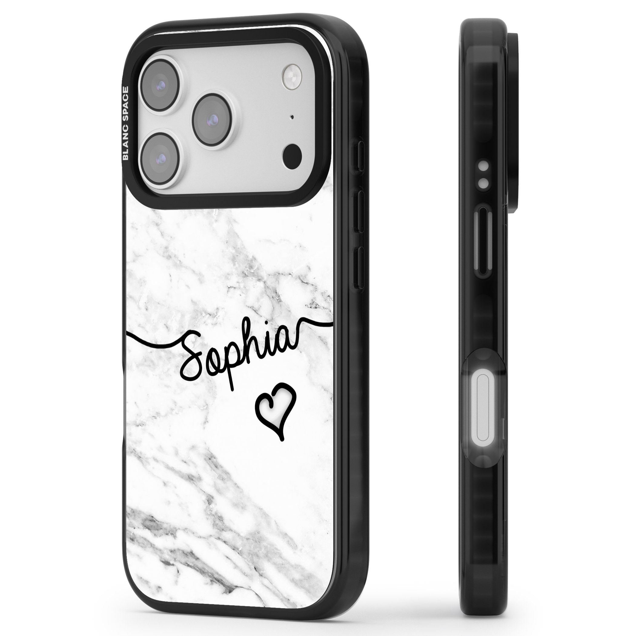Personalised White Marble Heart iPhone 17 Pro Impact Pro Black Phone Case Side Profile
