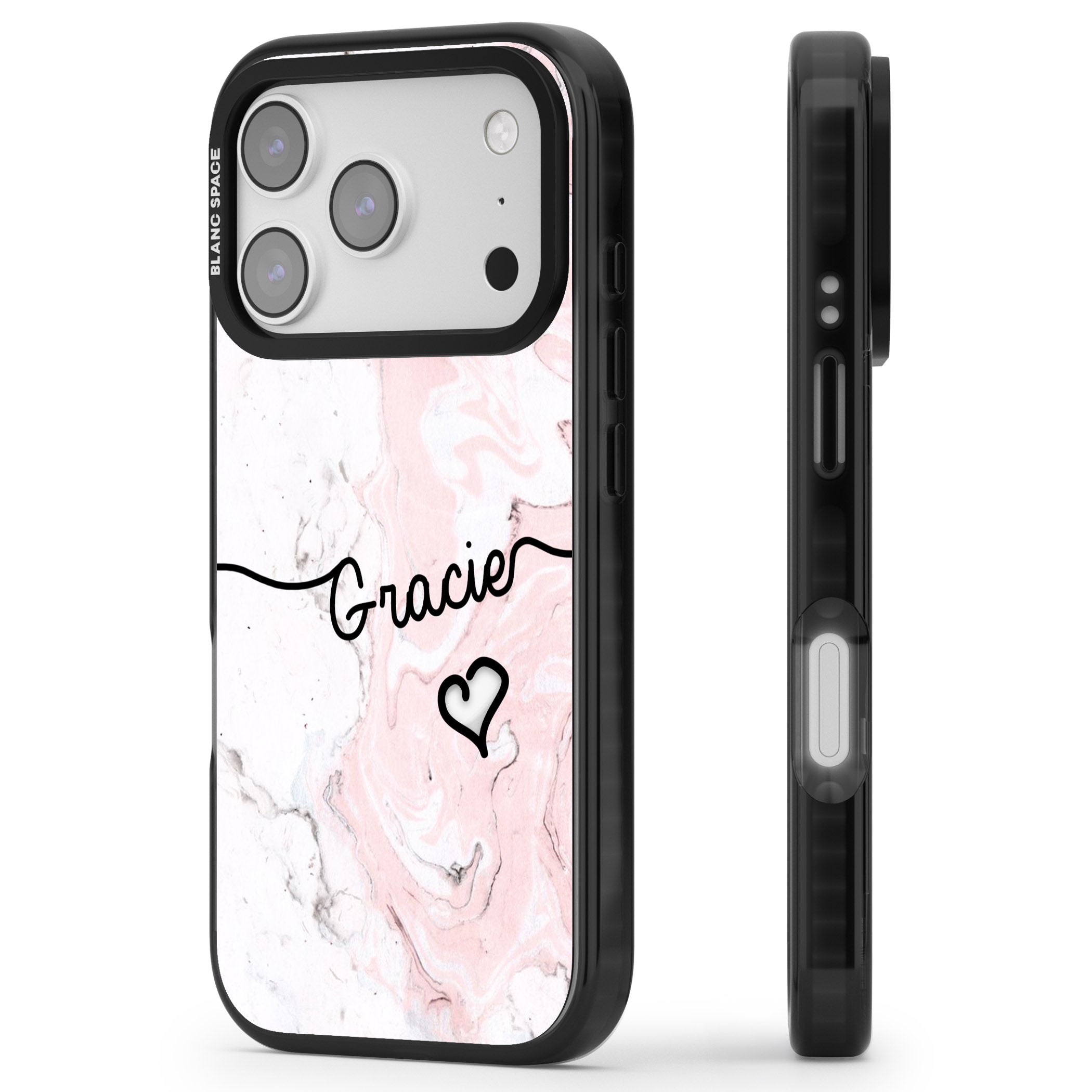 Personalised Pink Marble iPhone 17 Pro Impact Pro Black Phone Case Side Profile