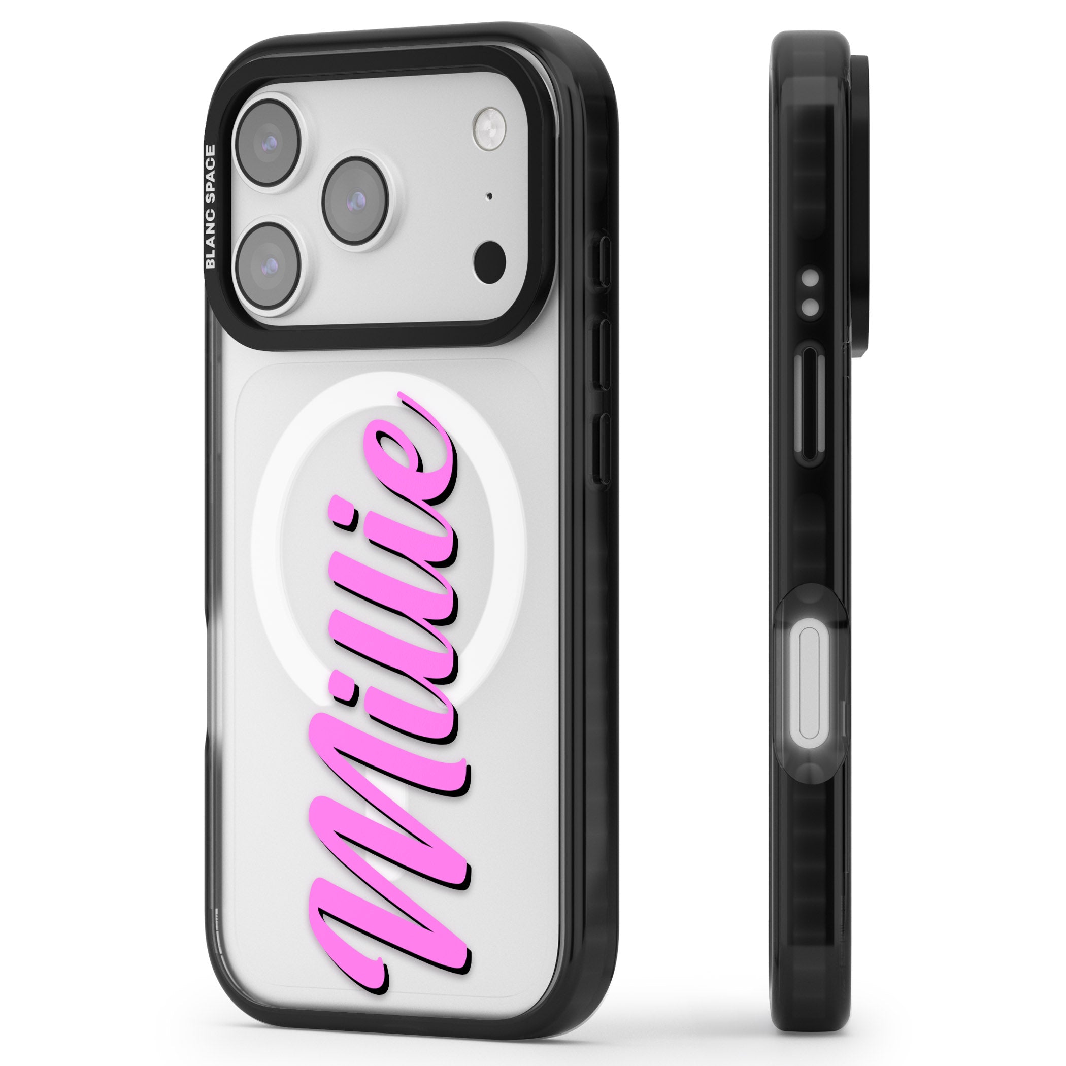 Personalised Cute Vertical Name iPhone 17 Pro Impact Pro Black Phone Case Side Profile