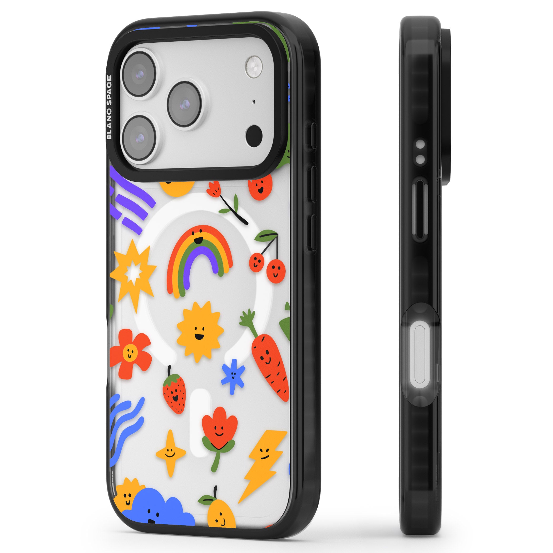 Colorful Kawaii Icons iPhone 17 Pro Impact Pro Black Phone Case Side Profile