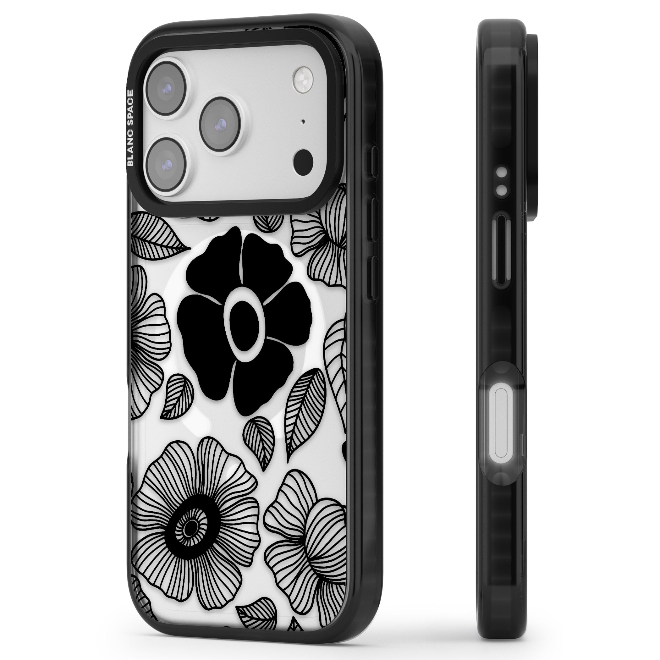 Black Flowers iPhone 17 Pro Impact Pro Black Phone Case Side Profile