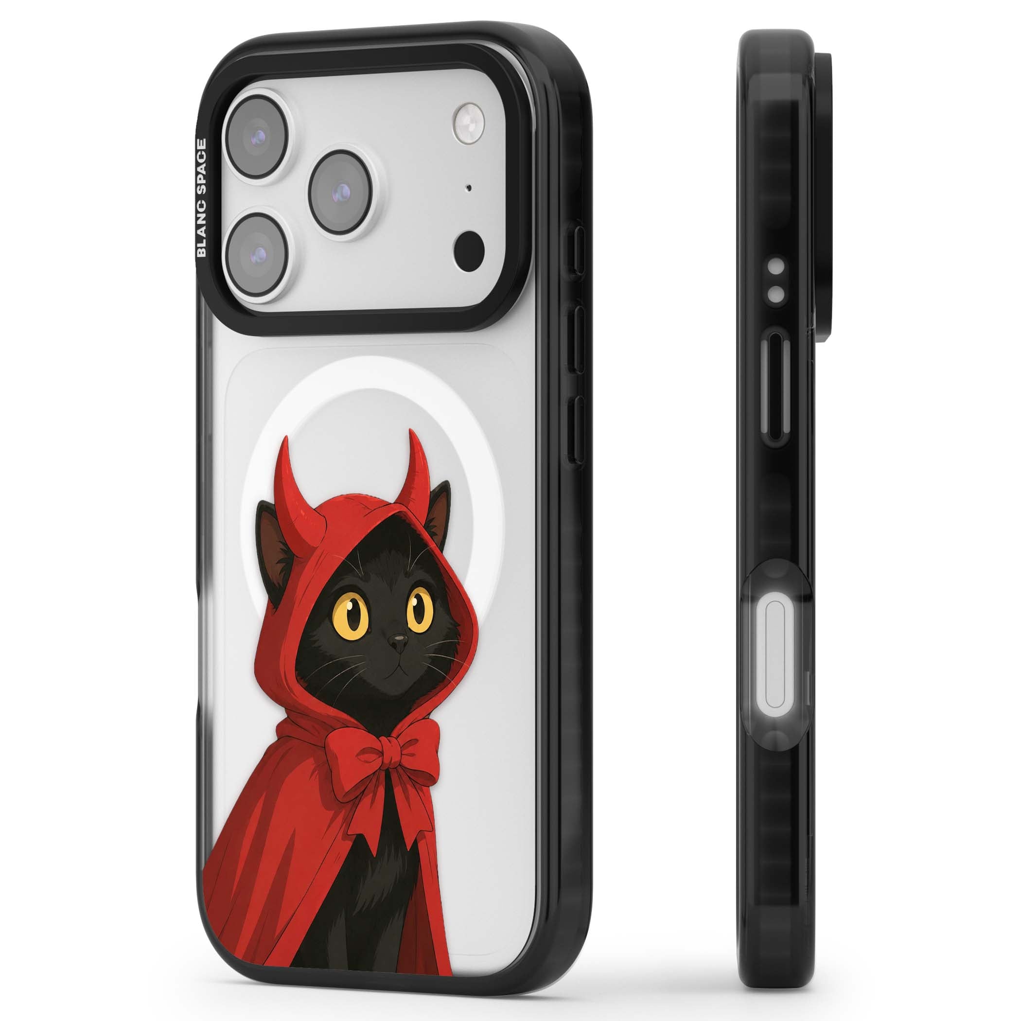 Little Devil halloween iPhone case featuring a black cat in a red hooded devil cloak with horns and golden eyes | Black Impact Magsafe case for iPhone 17 Pro, iPhone 17 Pro Max