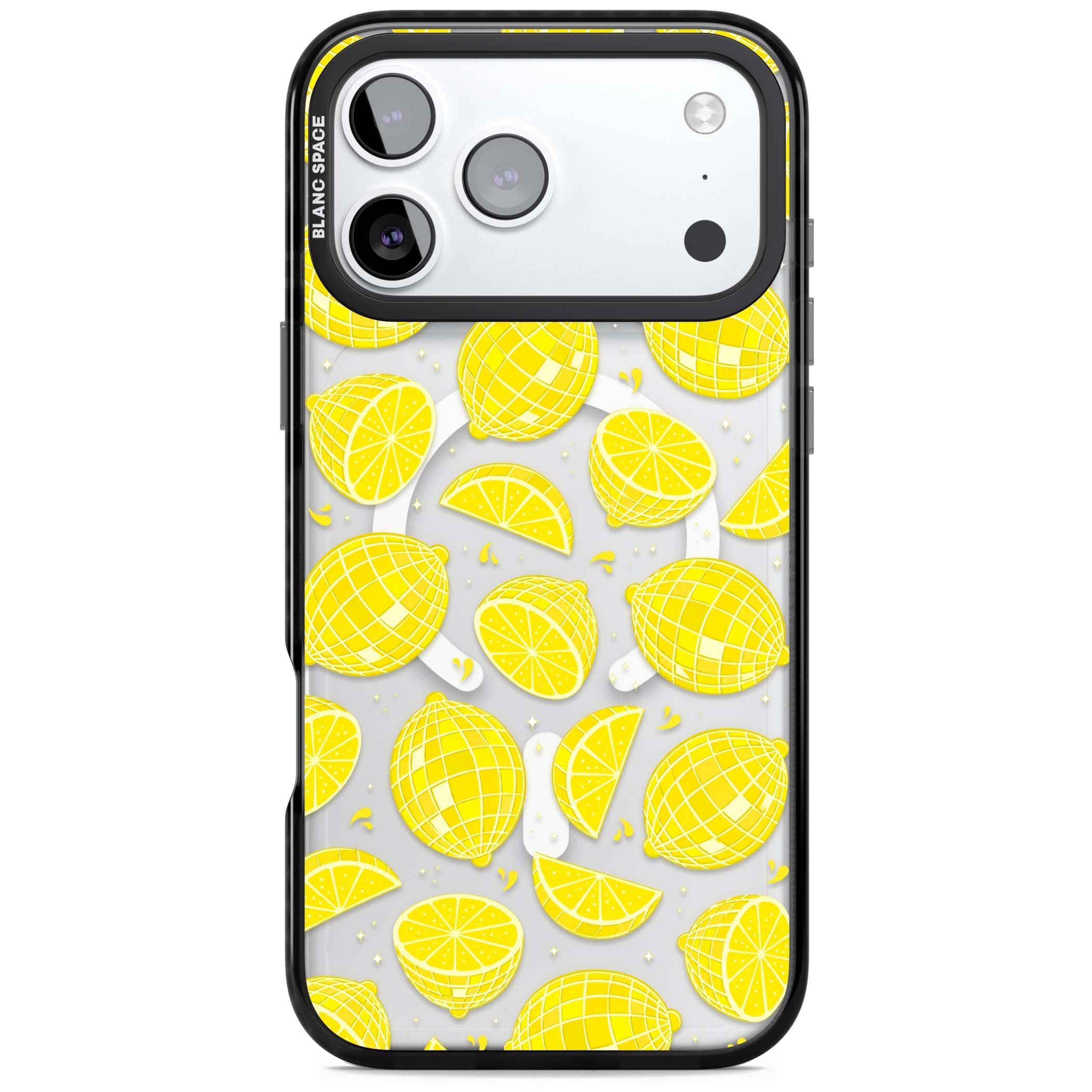 Disco Lemons citrus iPhone case featuring mirrorball lemons, sliced fruit and sparkle accents | Black Impact Magsafe case for iPhone 17 Pro, iPhone 17 Pro Max