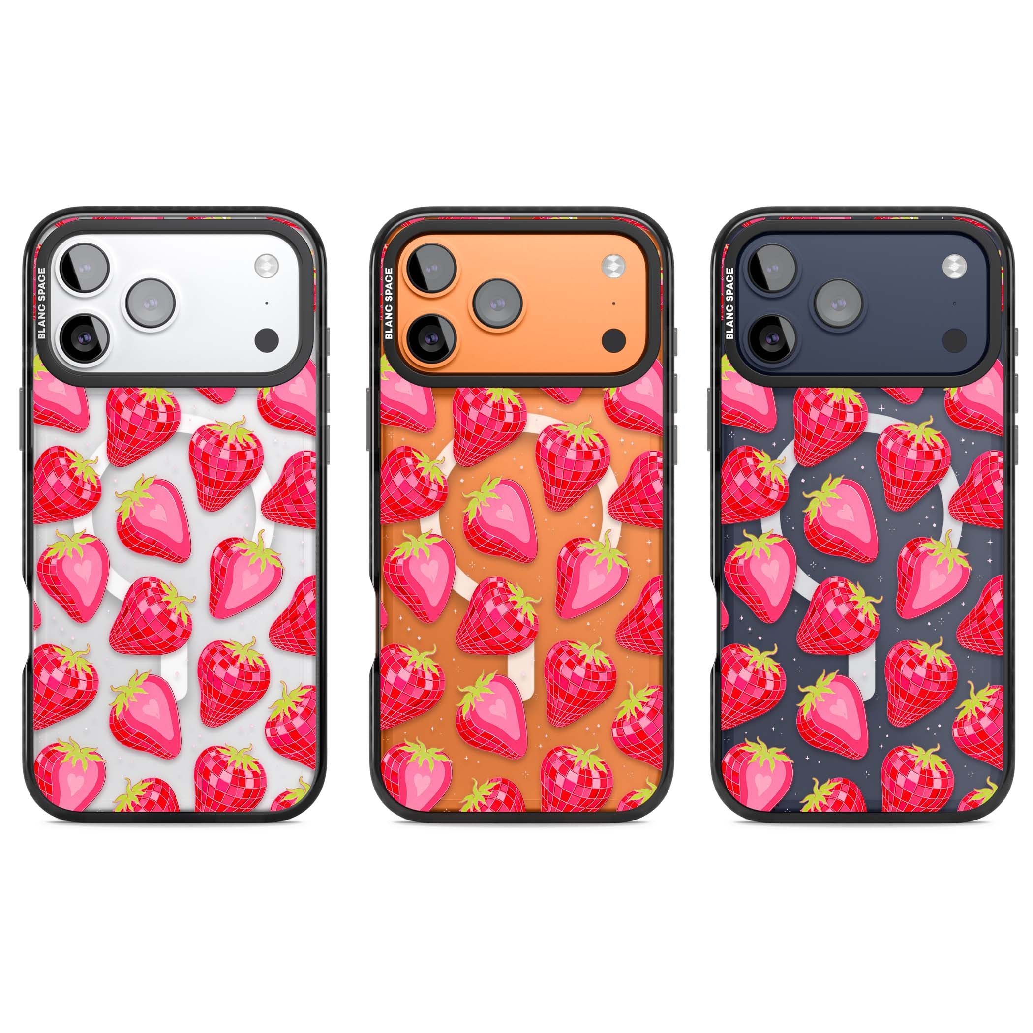 Disco Strawberry Y2K iPhone case featuring pink disco-ball strawberries, green leaves and tiny sparkles | Black Impact Magsafe case for iPhone 17 Pro, iPhone 17 Pro Max
