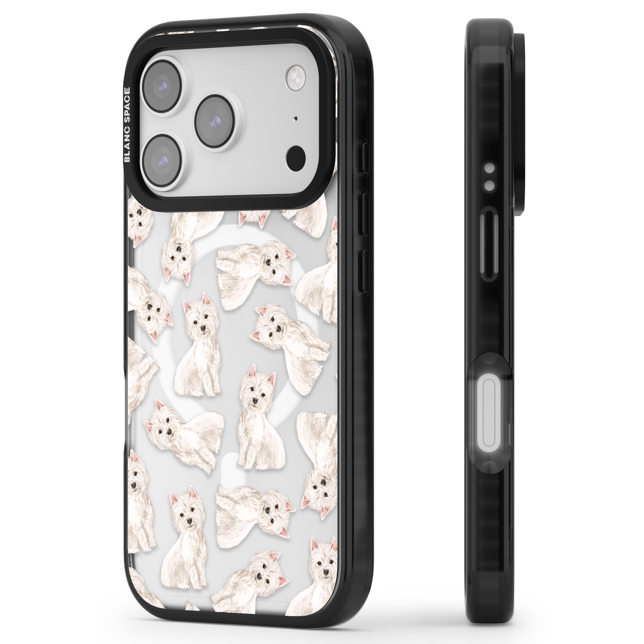 Westie Dog Pattern iPhone 17 Pro Impact Pro Black Phone Case Side Profile