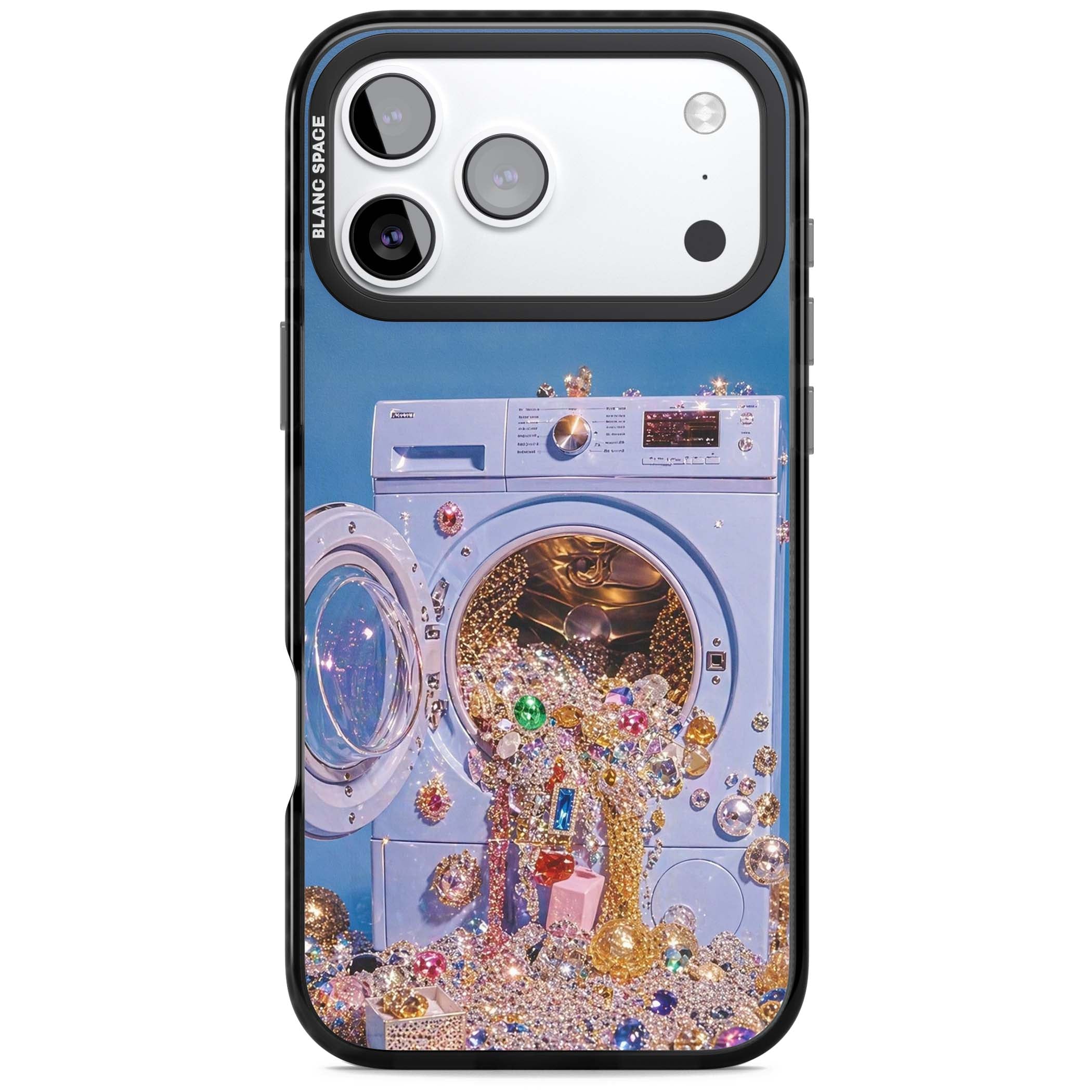 Gem Laundry baddie iPhone case featuring a surreal washing machine overflowing with colourful gemstones and crystals | Black Impact Magsafe case for iPhone 17 Pro, iPhone 17 Pro Max