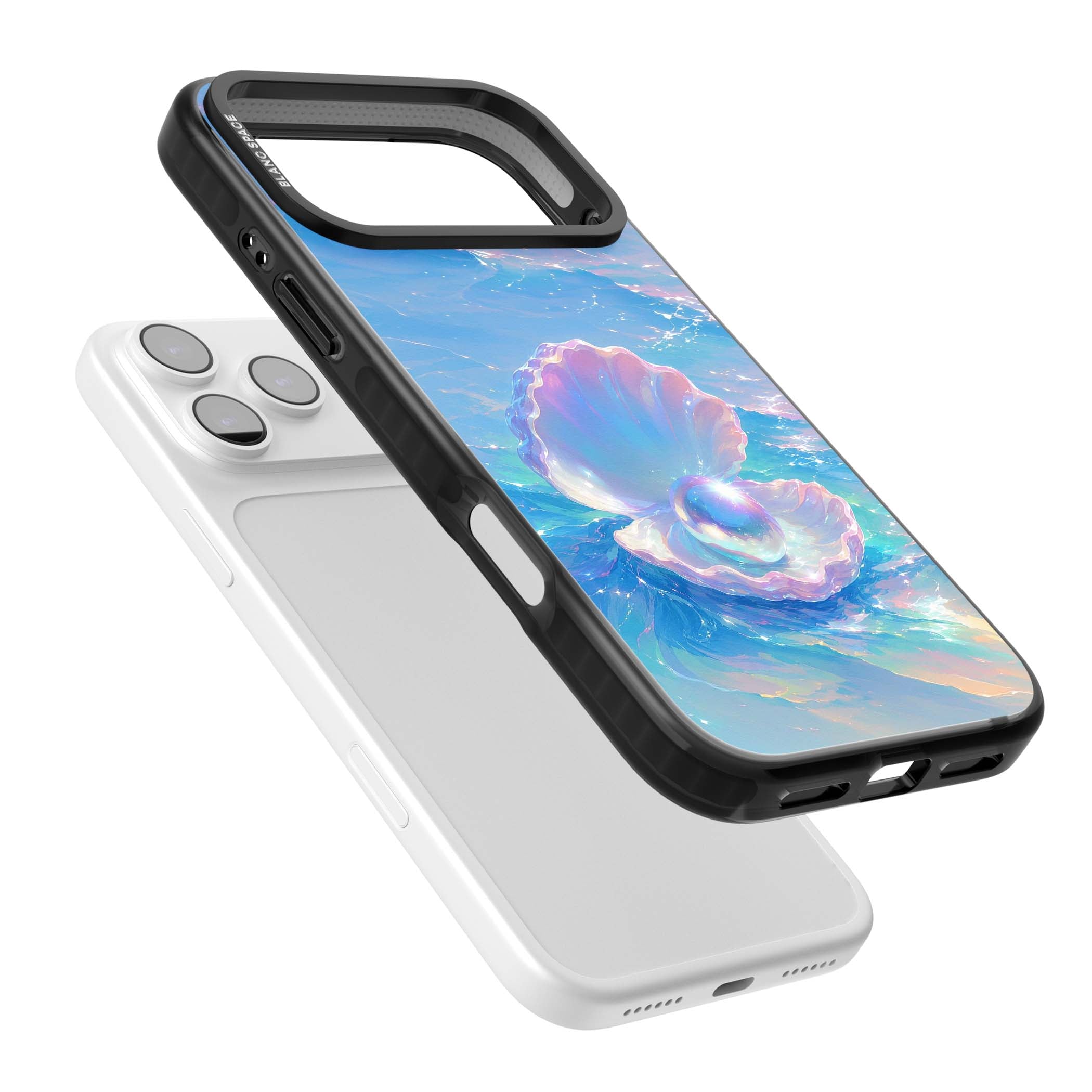 The Pearl Clam mermaidcore iPhone case featuring iridescent seashell, glowing pearl and pastel ocean waves | Black Impact Magsafe case for iPhone 17 Pro, iPhone 17 Pro Max