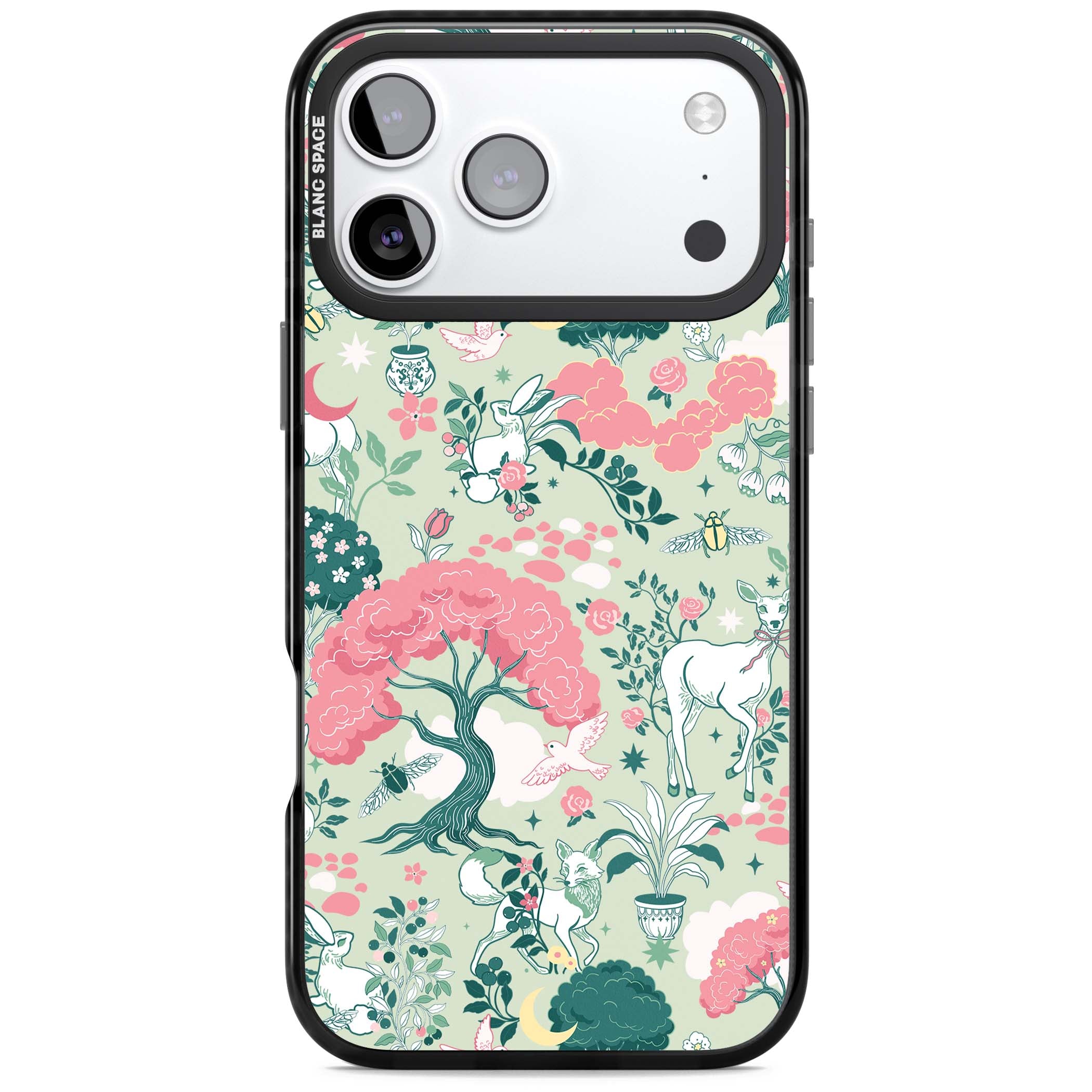 Enchanted Woodland cottagecore iPhone case featuring white deer, pink roses, mushrooms and woodland animals on sage green | Black Impact Magsafe case for iPhone 17 Pro, iPhone 17 Pro Max