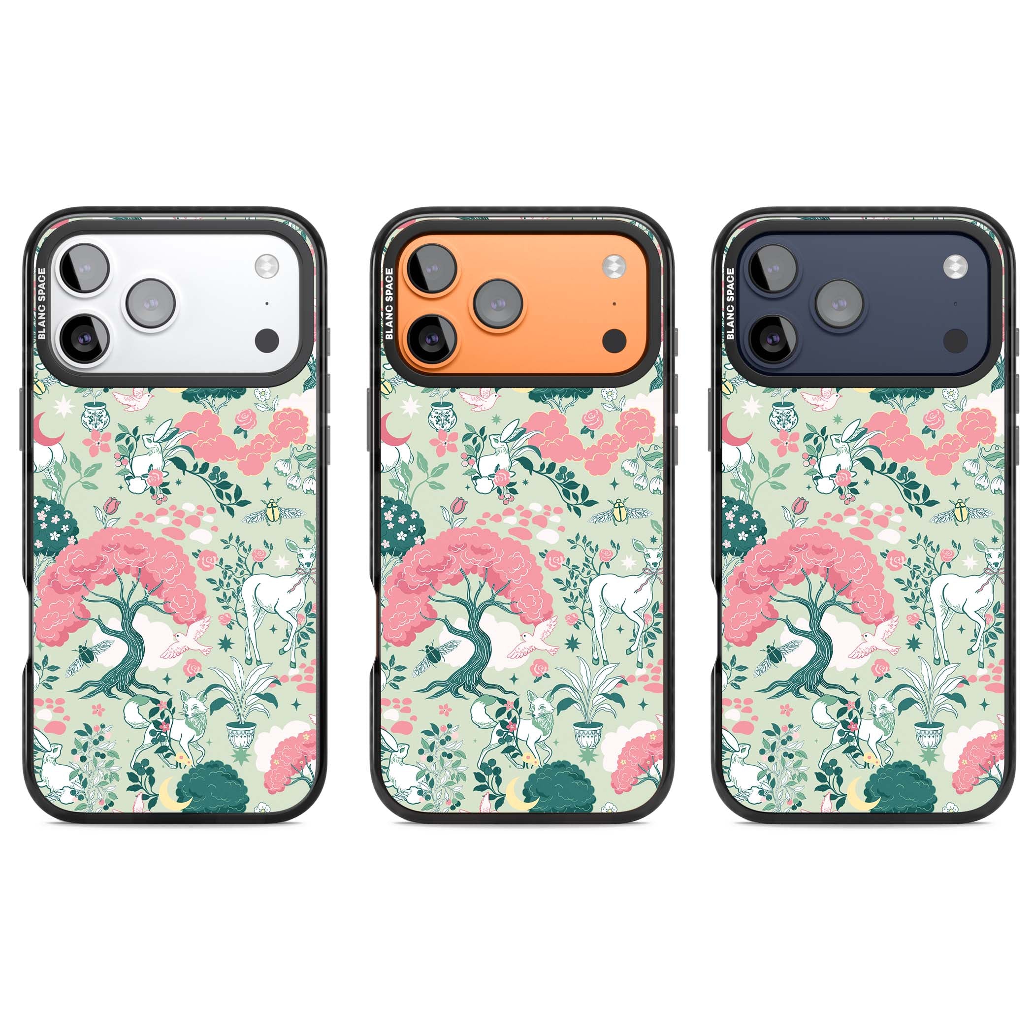 Enchanted Woodland cottagecore iPhone case featuring white deer, pink roses, mushrooms and woodland animals on sage green | Black Impact Magsafe case for iPhone 17 Pro, iPhone 17 Pro Max
