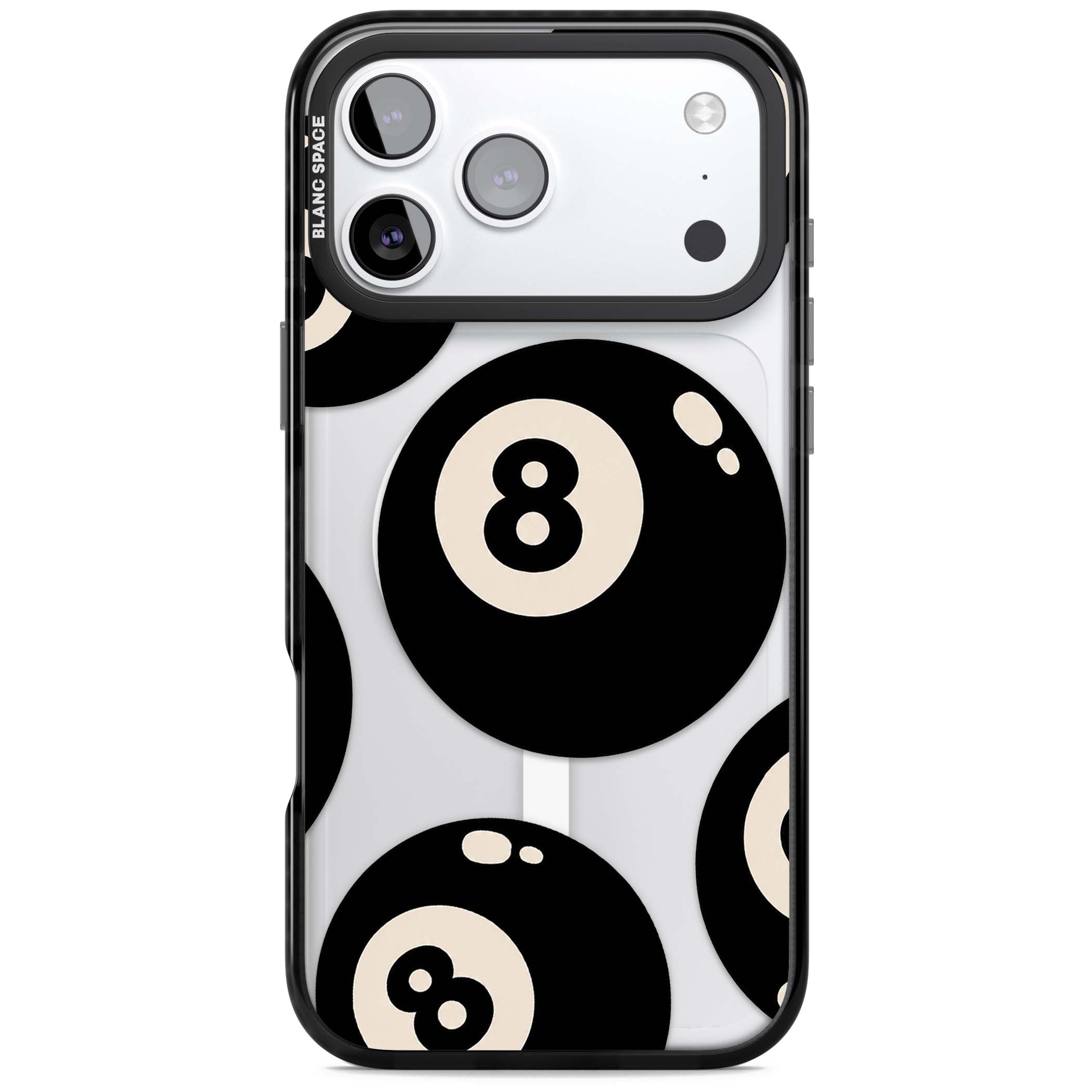 Eights y2k iPhone case featuring scattered black 8 balls with cream highlights on a clear background | Black Impact Magsafe case for iPhone 17 Pro, iPhone 17 Pro Max