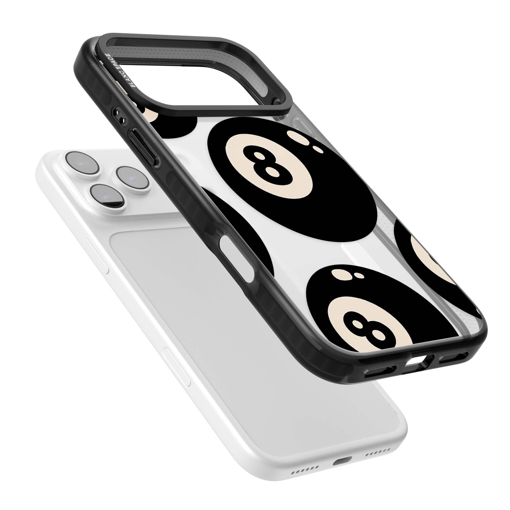 Eights y2k iPhone case featuring scattered black 8 balls with cream highlights on a clear background | Black Impact Magsafe case for iPhone 17 Pro, iPhone 17 Pro Max
