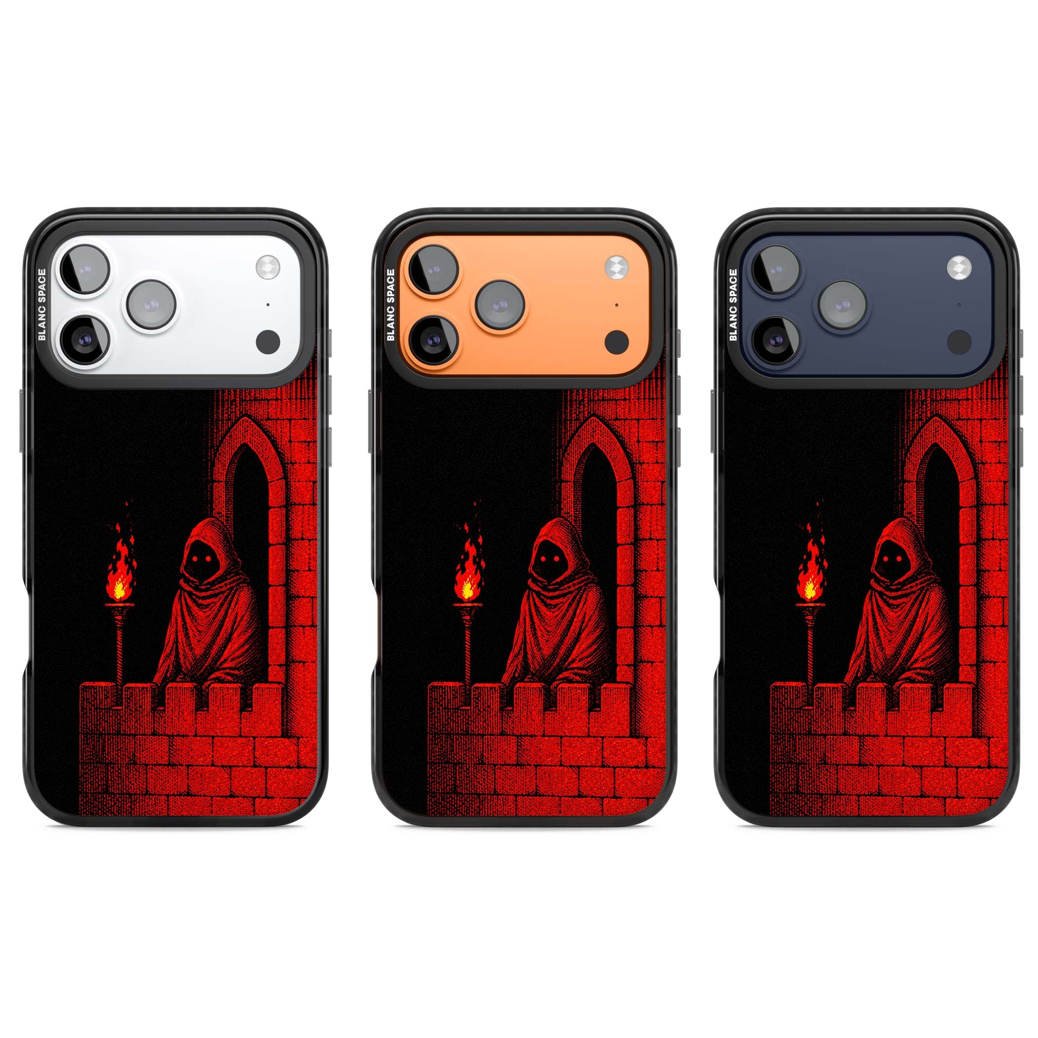 Crimson Crypt gothic iPhone case featuring a hooded reaper, torchlit crypt archway and red halftone horror art | Black Impact Magsafe case for iPhone 17 Pro, iPhone 17 Pro Max