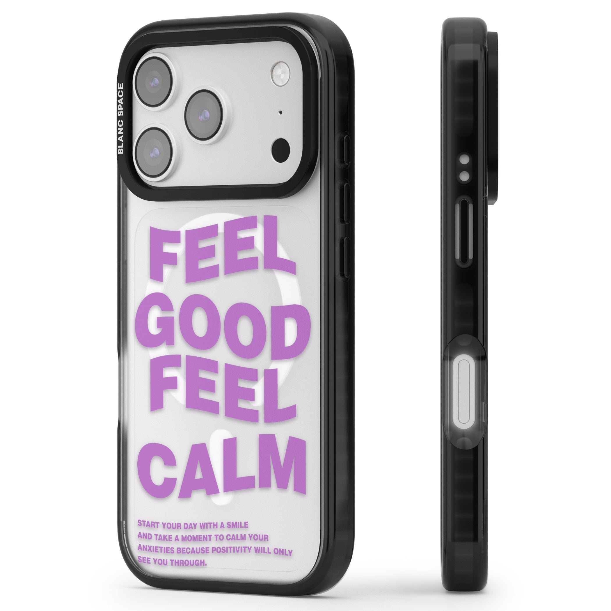 Feel Good Feel Calm (Purple) iPhone 17 Pro Impact Pro Black Phone Case Side Profile