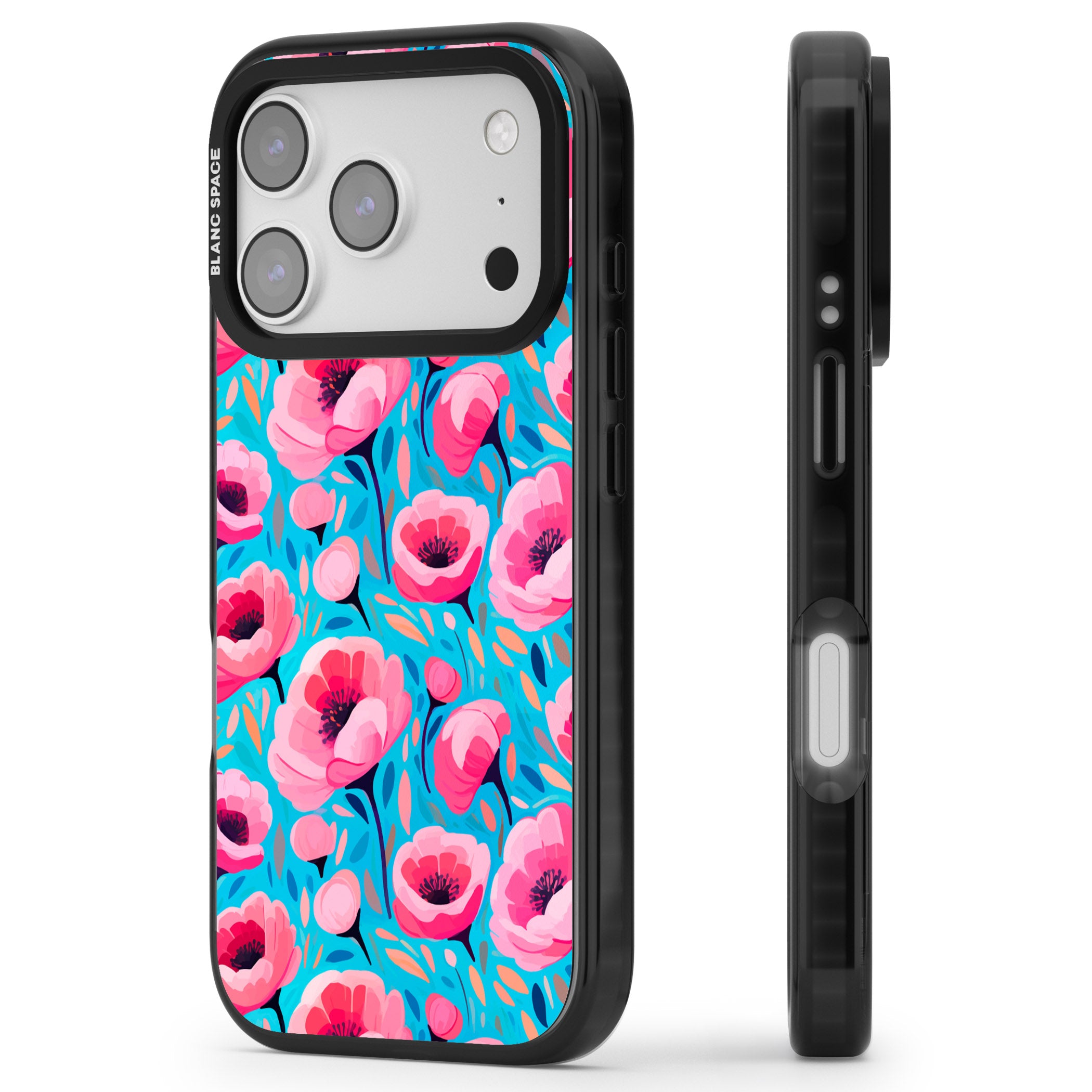 Tropical Pink Poppies iPhone 17 Pro Impact Pro Black Phone Case Side Profile