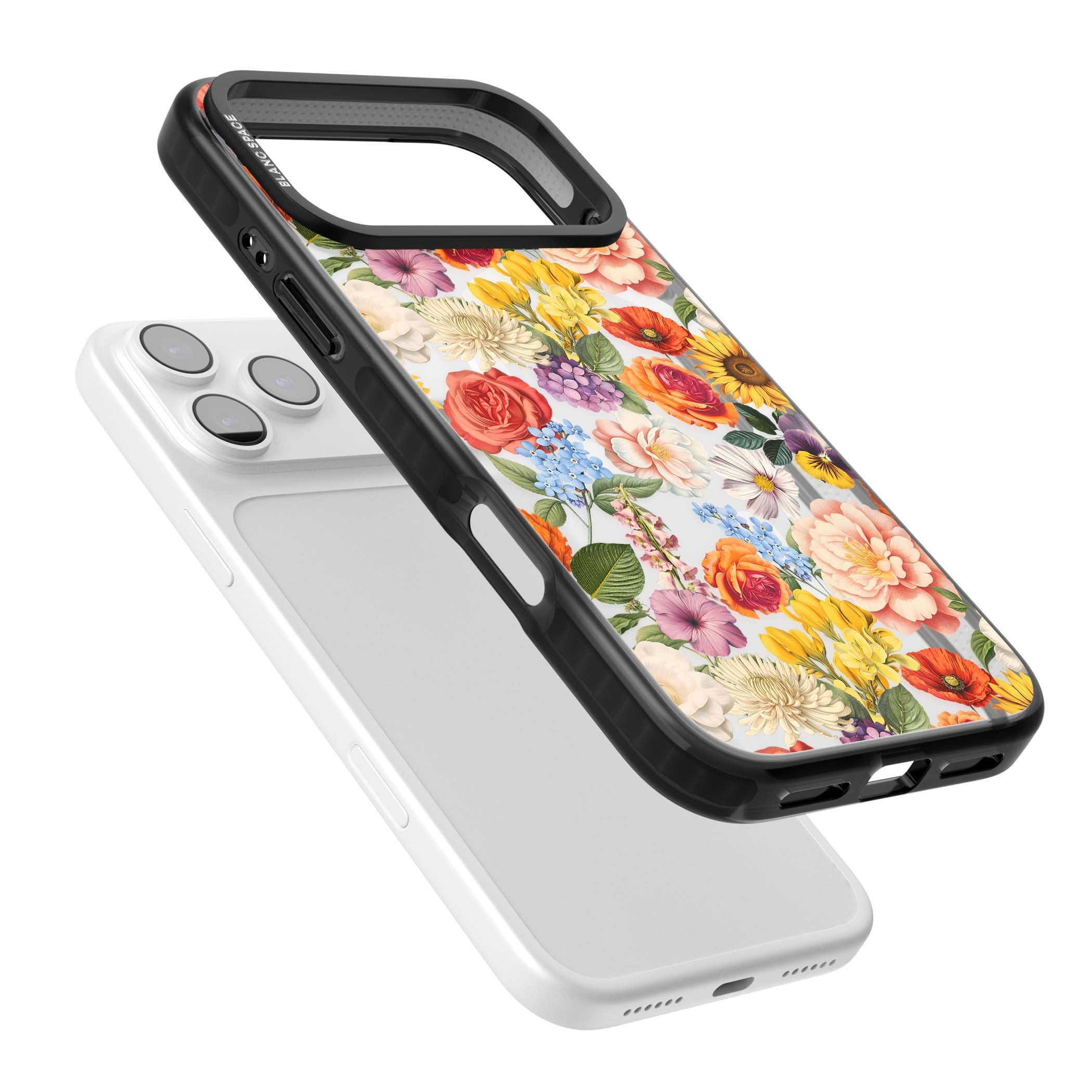 Bloom Basket floral iPhone case featuring cottage garden flowers including peonies, sunflowers, and wildflowers in pastel col | Black Impact Magsafe case for iPhone 17 Pro, iPhone 17 Pro Max