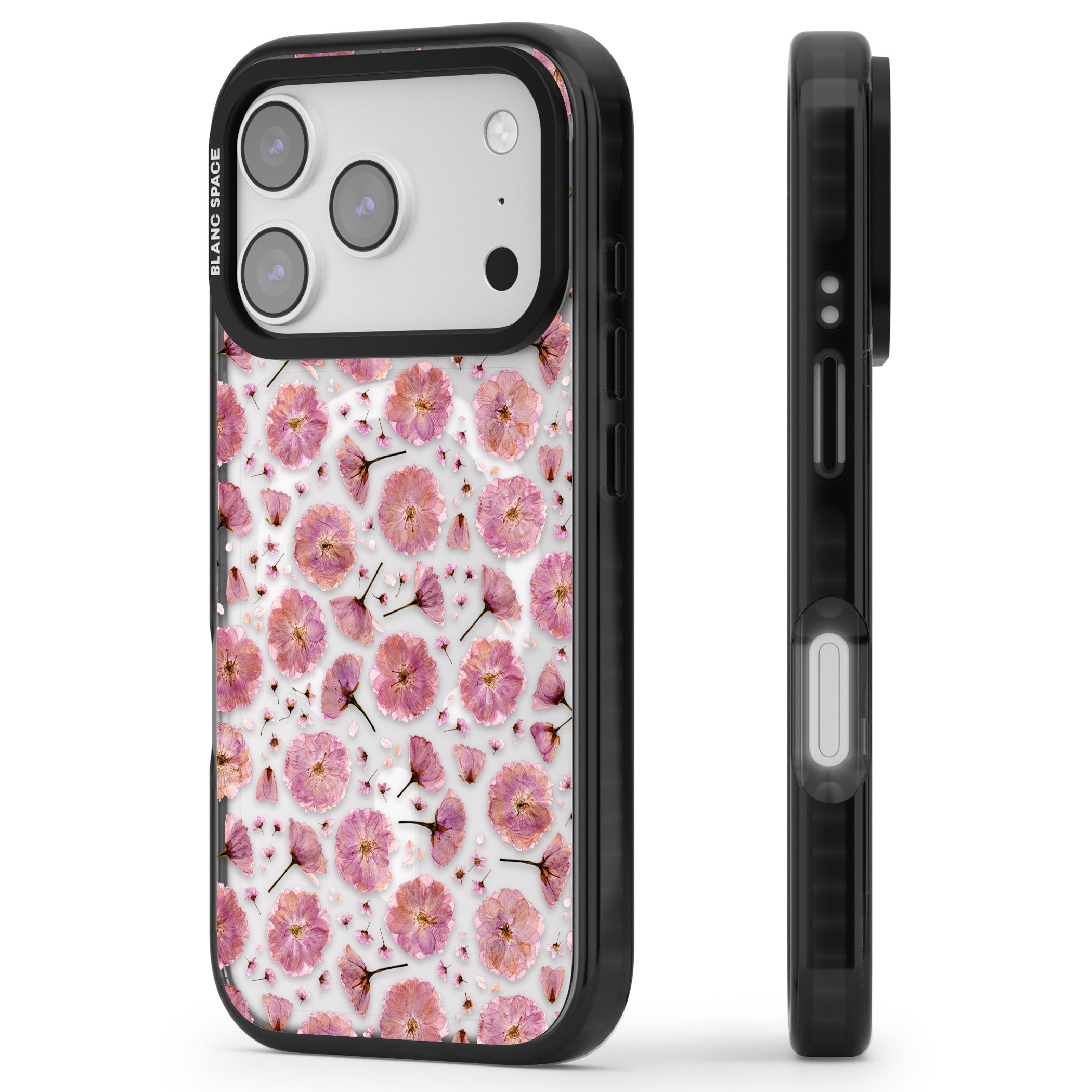 Pink Florals & Blossom iPhone 17 Pro Impact Pro Black Phone Case Side Profile