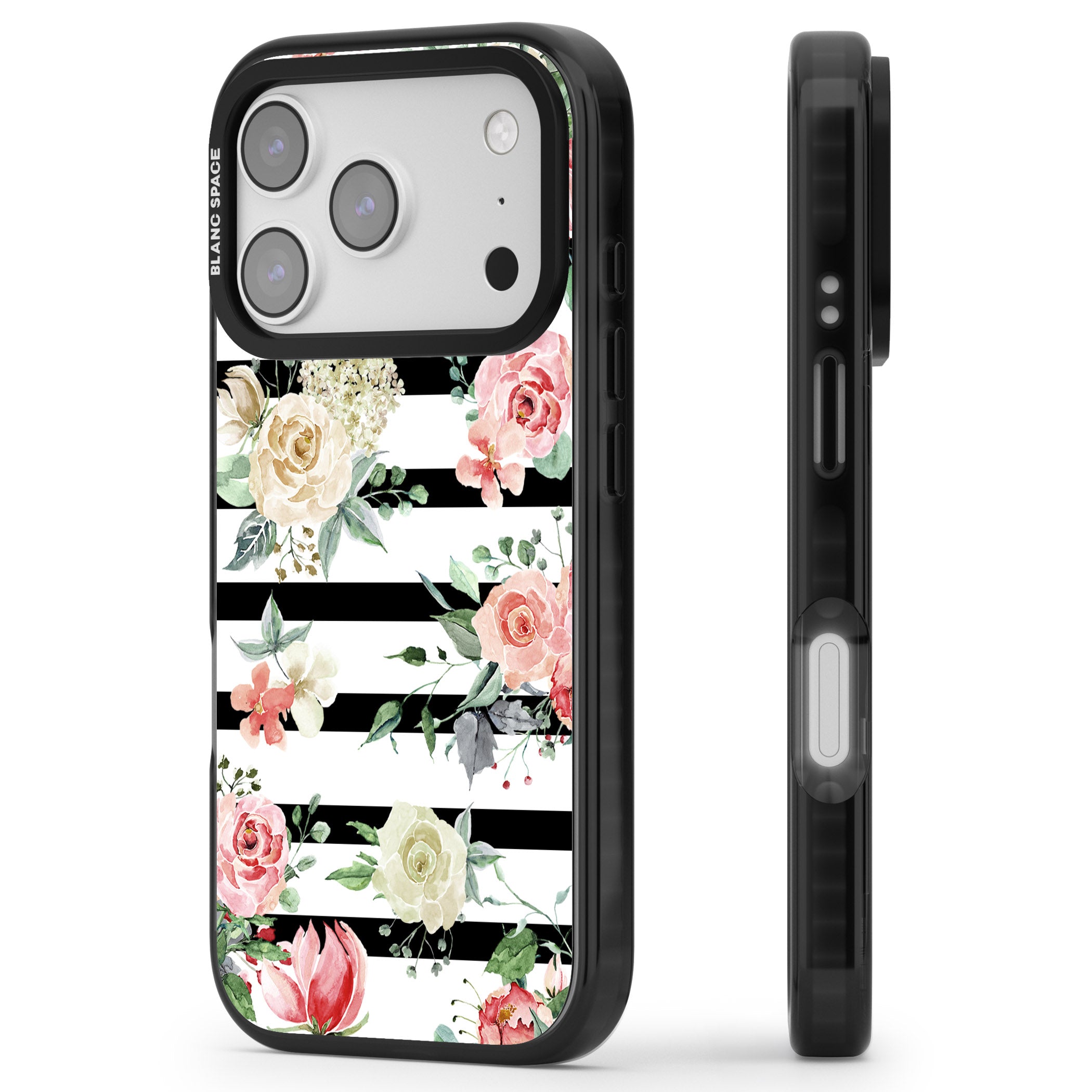 Floral Stripes iPhone 17 Pro Impact Pro Black Phone Case Side Profile