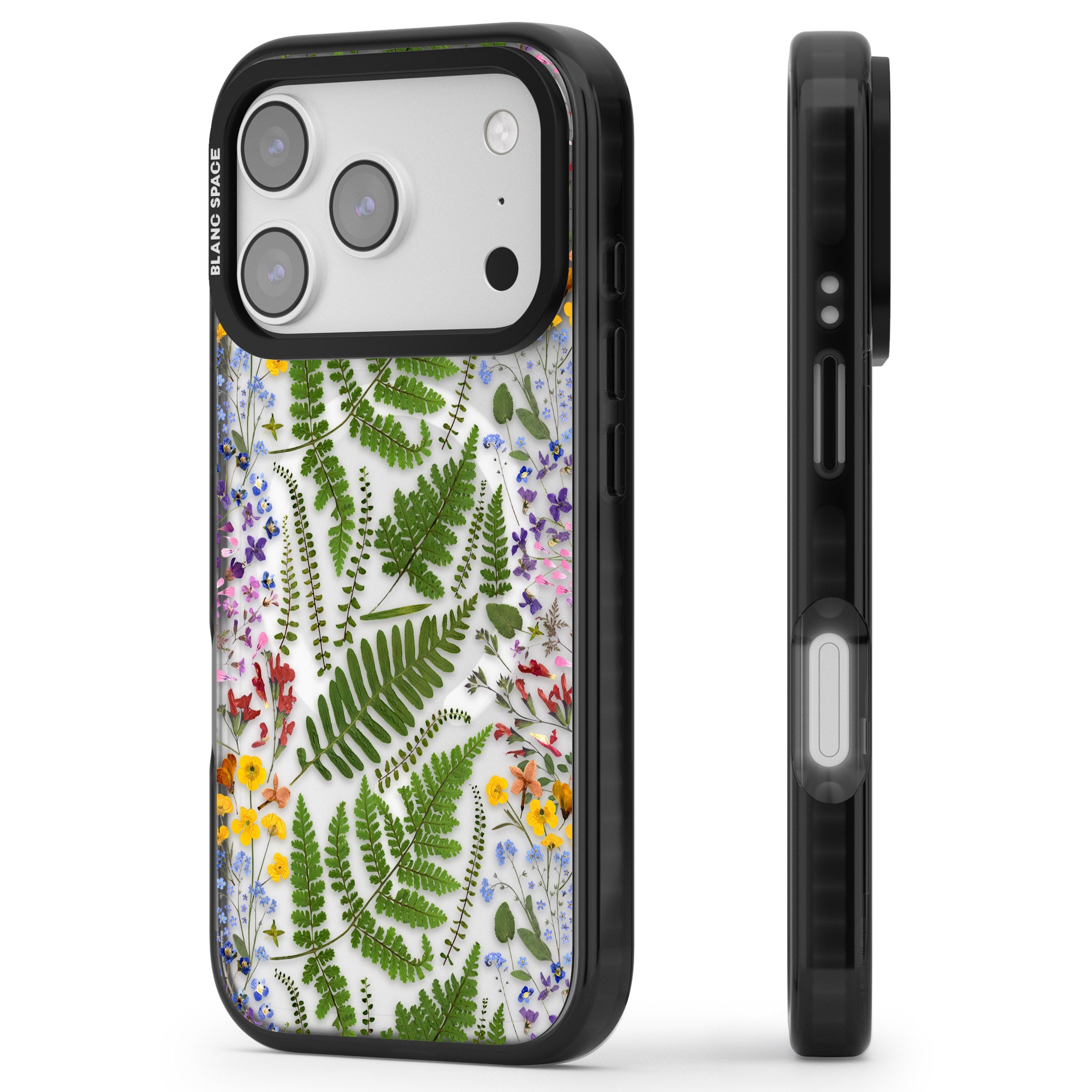 Botanical Fern & Floral iPhone 17 Pro Impact Pro Black Phone Case Side Profile