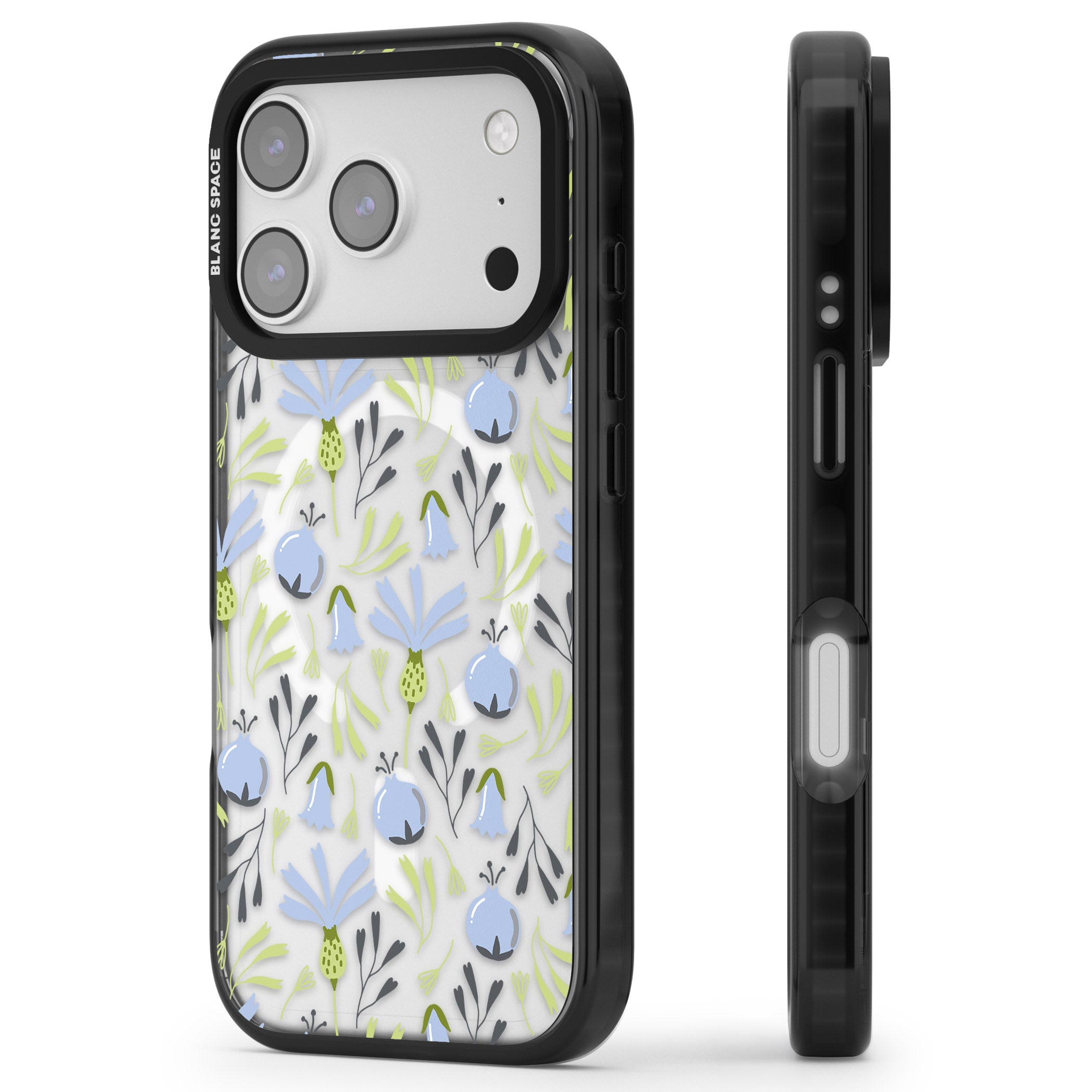 Blue Flora Bloom iPhone 17 Pro Impact Pro Black Phone Case Side Profile
