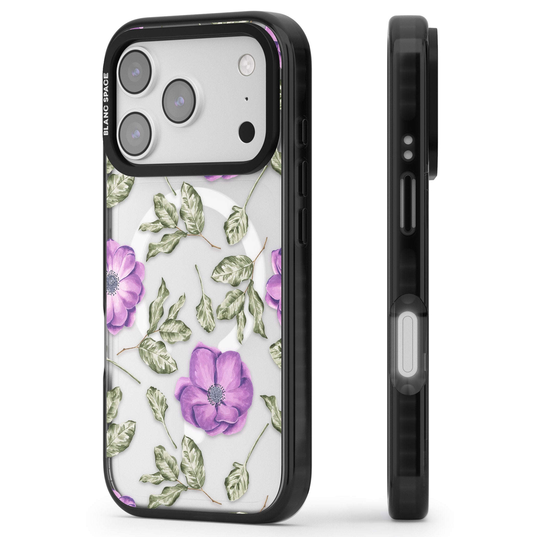 Purple Bloom Floral iPhone 17 Pro Impact Pro Black Phone Case Side Profile