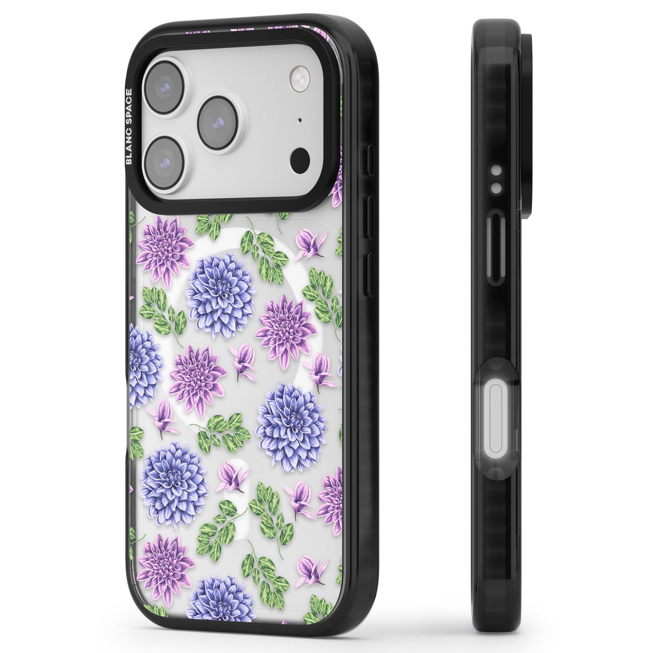 Purple Dahlias Floral iPhone 17 Pro Impact Pro Black Phone Case Side Profile