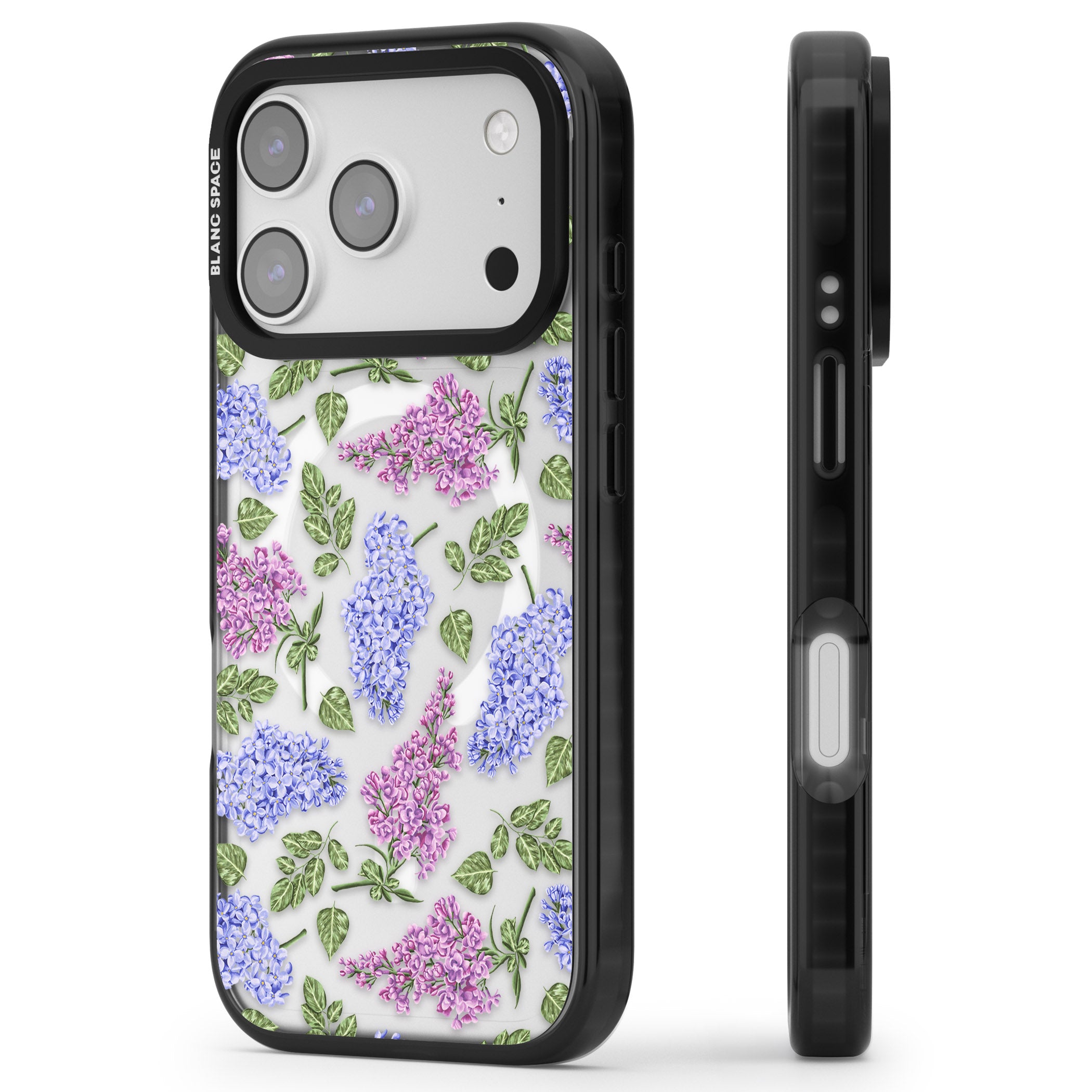 Purple Blossoms Transparent Floral iPhone 17 Pro Impact Pro Black Phone Case Side Profile