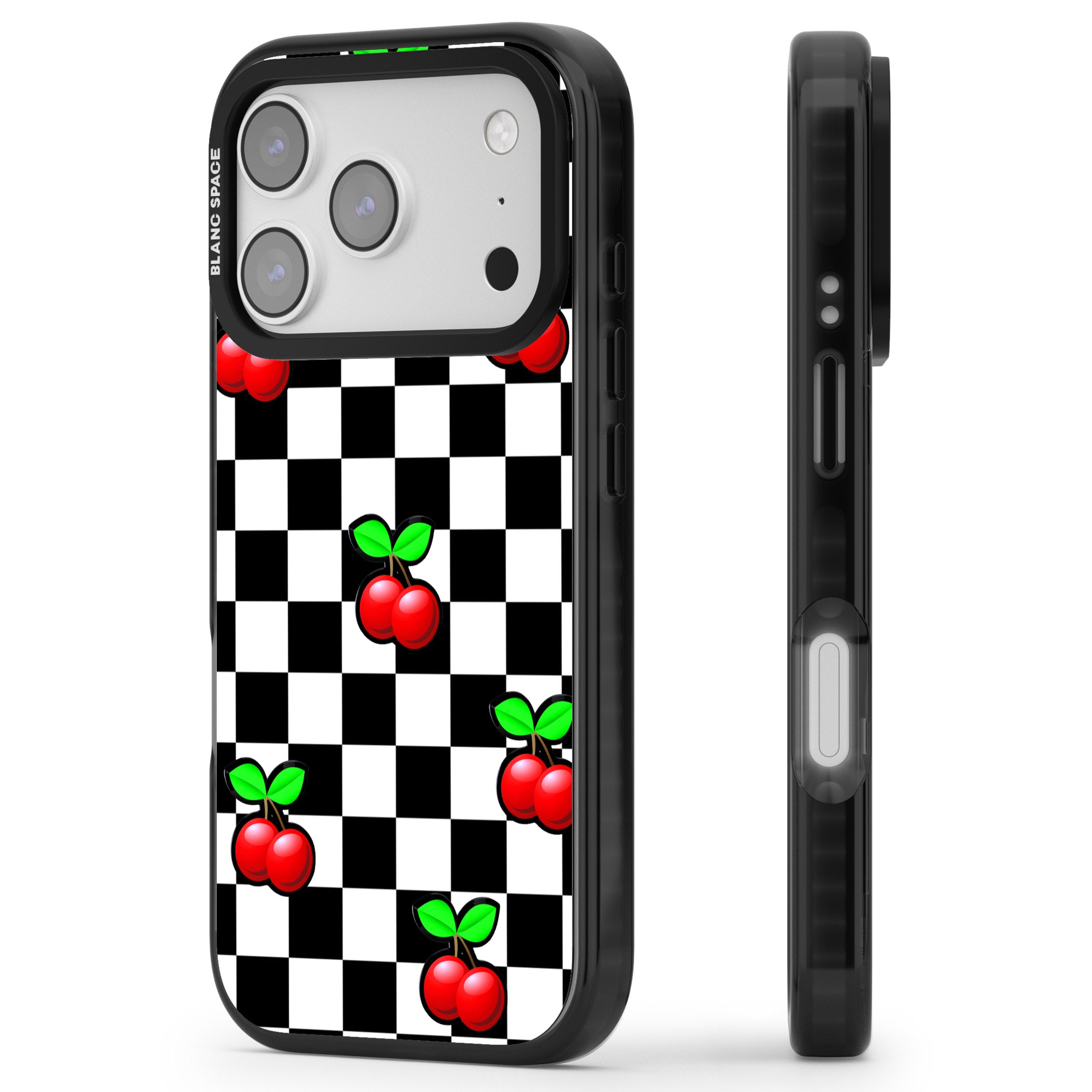 Checkered Cherry iPhone 17 Pro Impact Pro Black Phone Case Side Profile