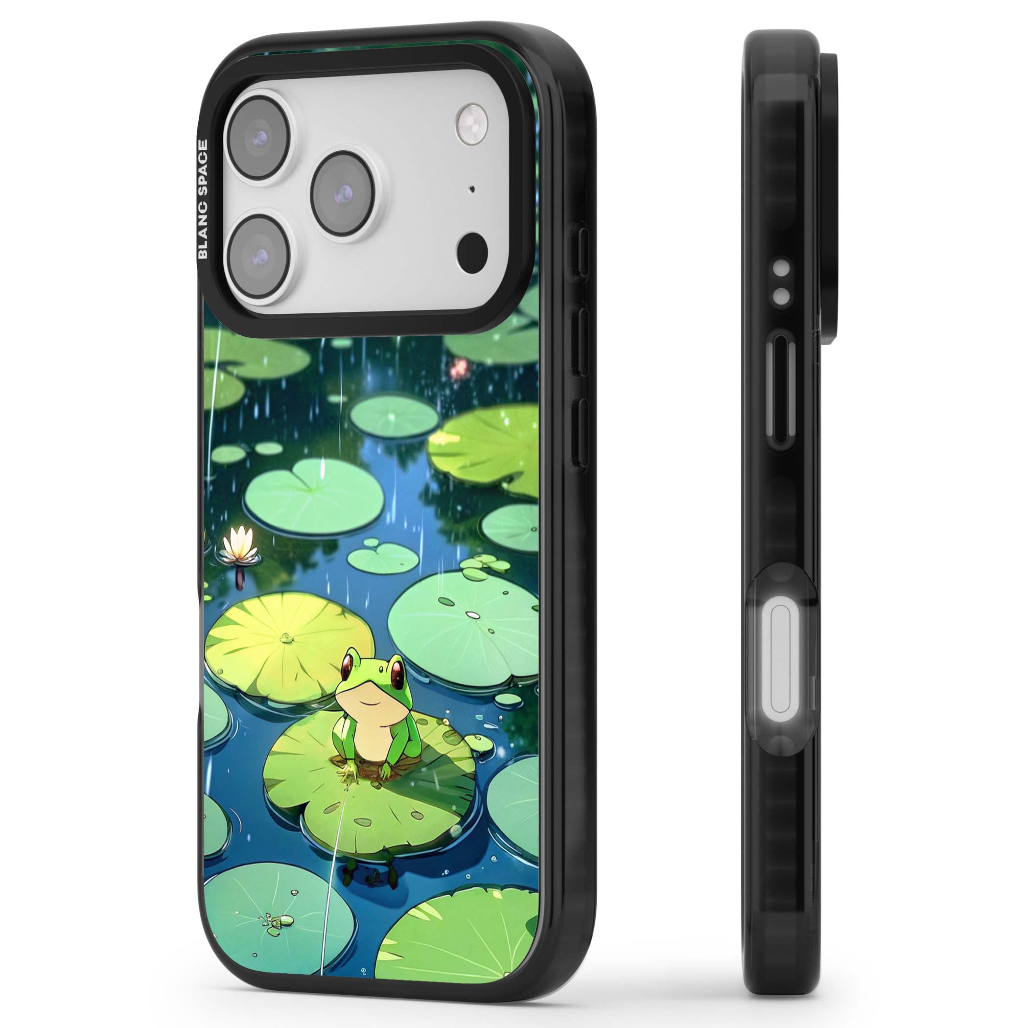 Frog In Lily Pond cottagecore iPhone case featuring a cute green frog on a lily pad with falling rain and a lotus flower | Black Impact Magsafe case for iPhone 17 Pro, iPhone 17 Pro Max