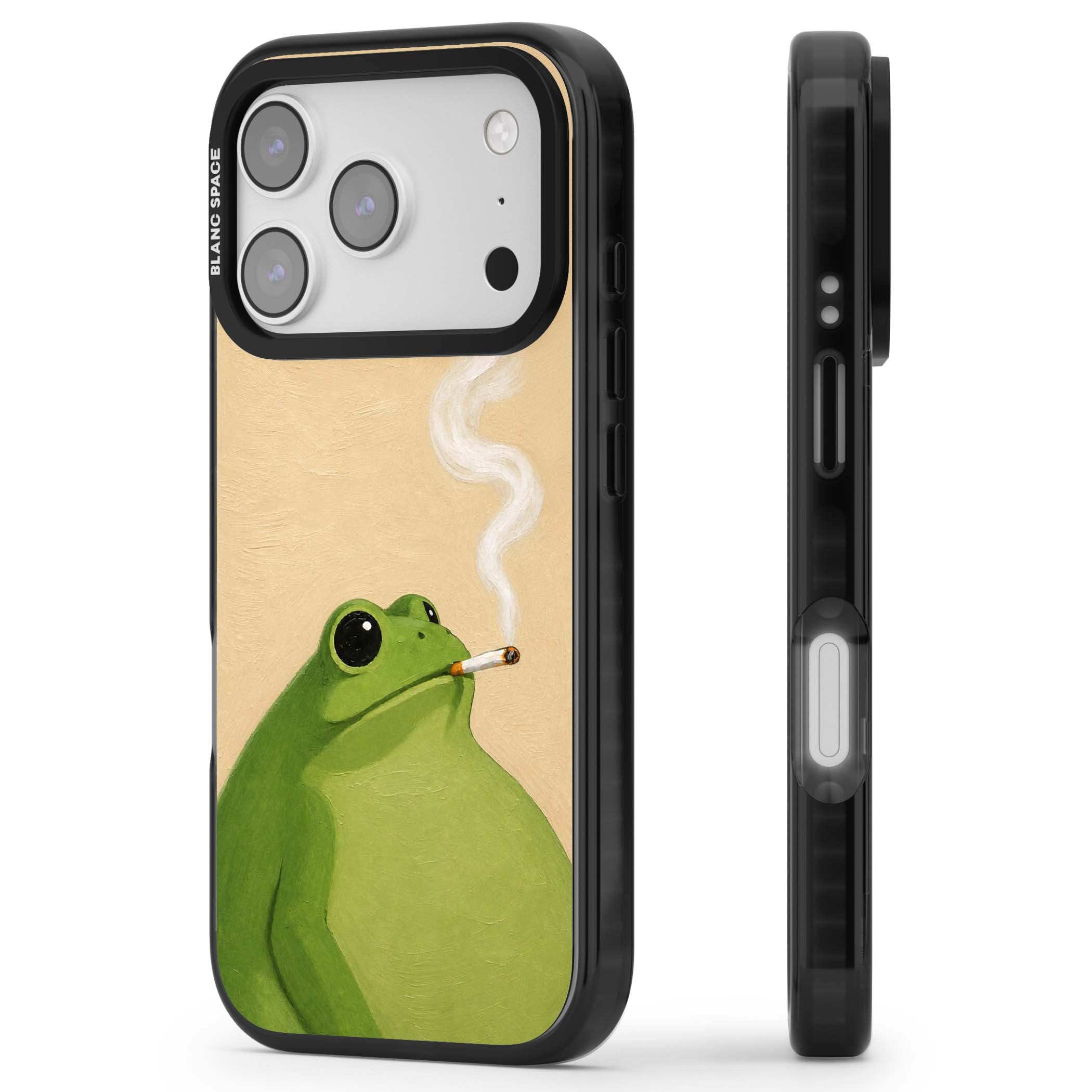 The Smoking Frog cottagecore iPhone case featuring a hand-painted green frog smoking a cigarette on a cream oil painting back | Black Impact Magsafe case for iPhone 17 Pro, iPhone 17 Pro Max