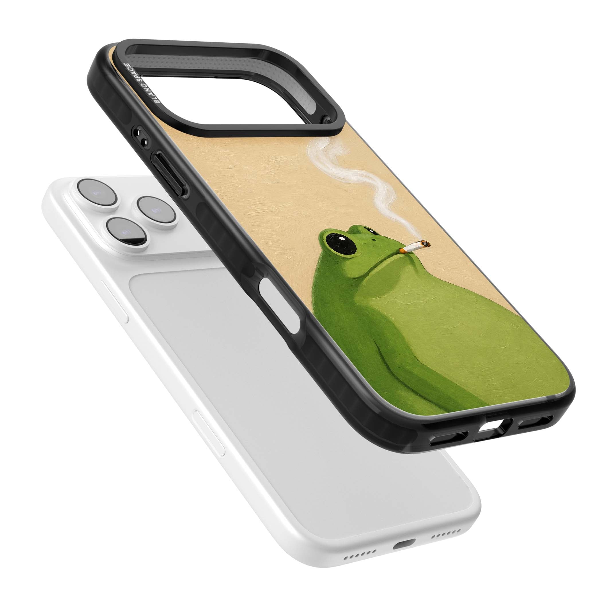 The Smoking Frog cottagecore iPhone case featuring a hand-painted green frog smoking a cigarette on a cream oil painting back | Black Impact Magsafe case for iPhone 17 Pro, iPhone 17 Pro Max