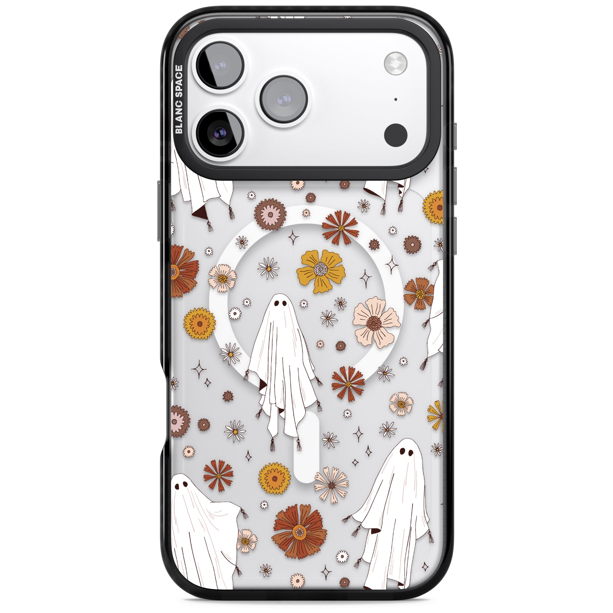 Halloween Ghosts And Flowers iPhone 17 Pro Impact Pro Black Phone Case