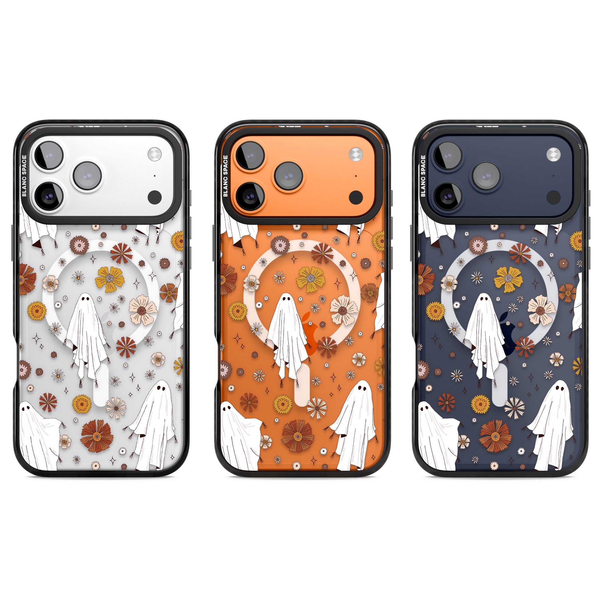 Halloween Ghosts And Flowers iPhone 17 Pro Impact Pro Black Phone Case APT Impact Protection