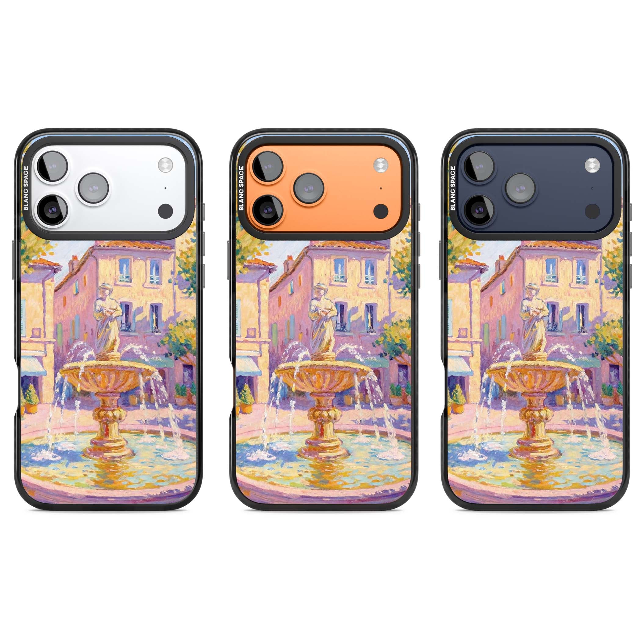 Fountain Square fine art iPhone case featuring an impressionist Provençal fountain, pastel village buildings and summe | Black Impact Magsafe case for iPhone 17 Pro, iPhone 17 Pro Max