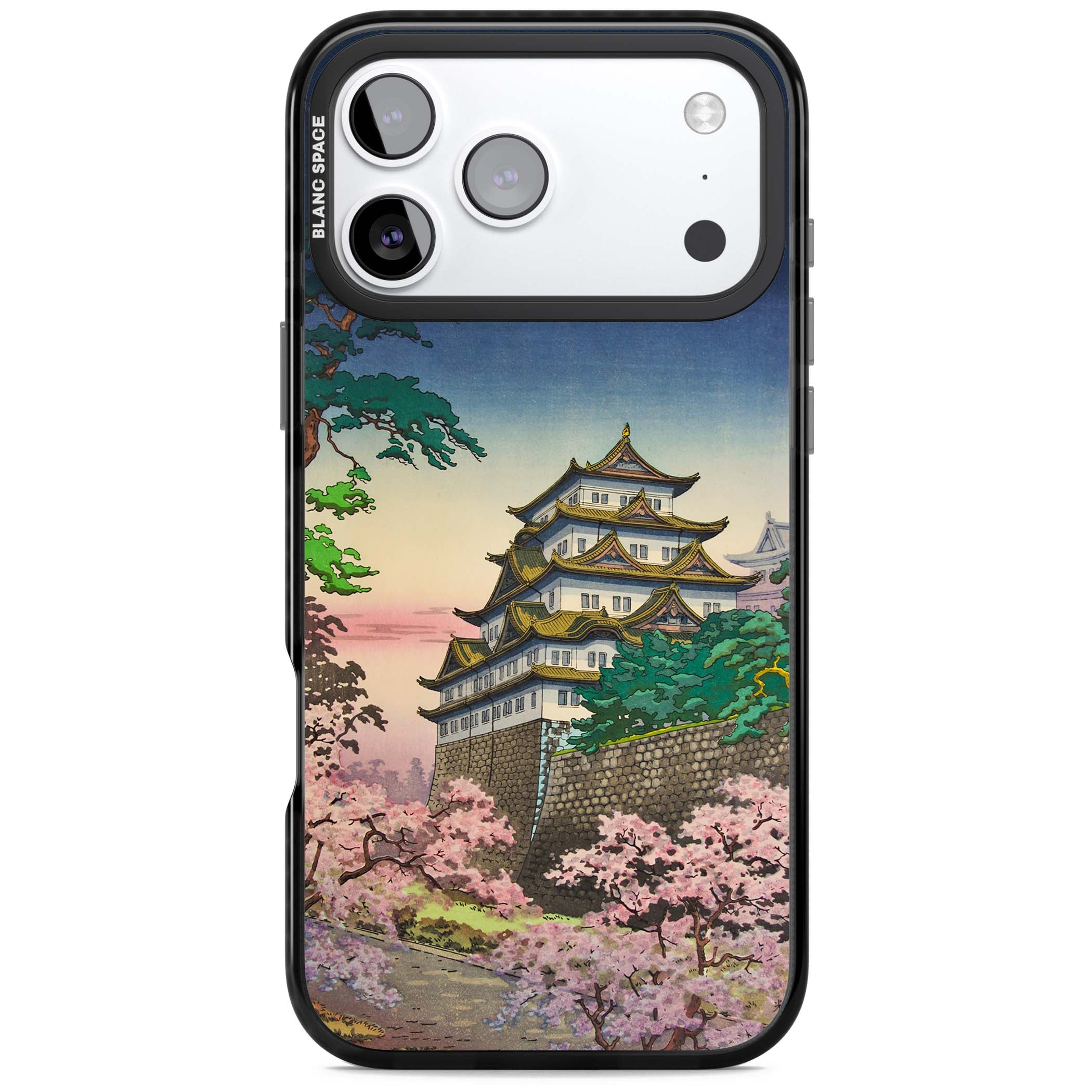 Nagoya Castle Japanese iPhone case featuring a vintage pagoda, twilight sky and cherry blossom trees | Black Impact Magsafe case for iPhone 17 Pro, iPhone 17 Pro Max